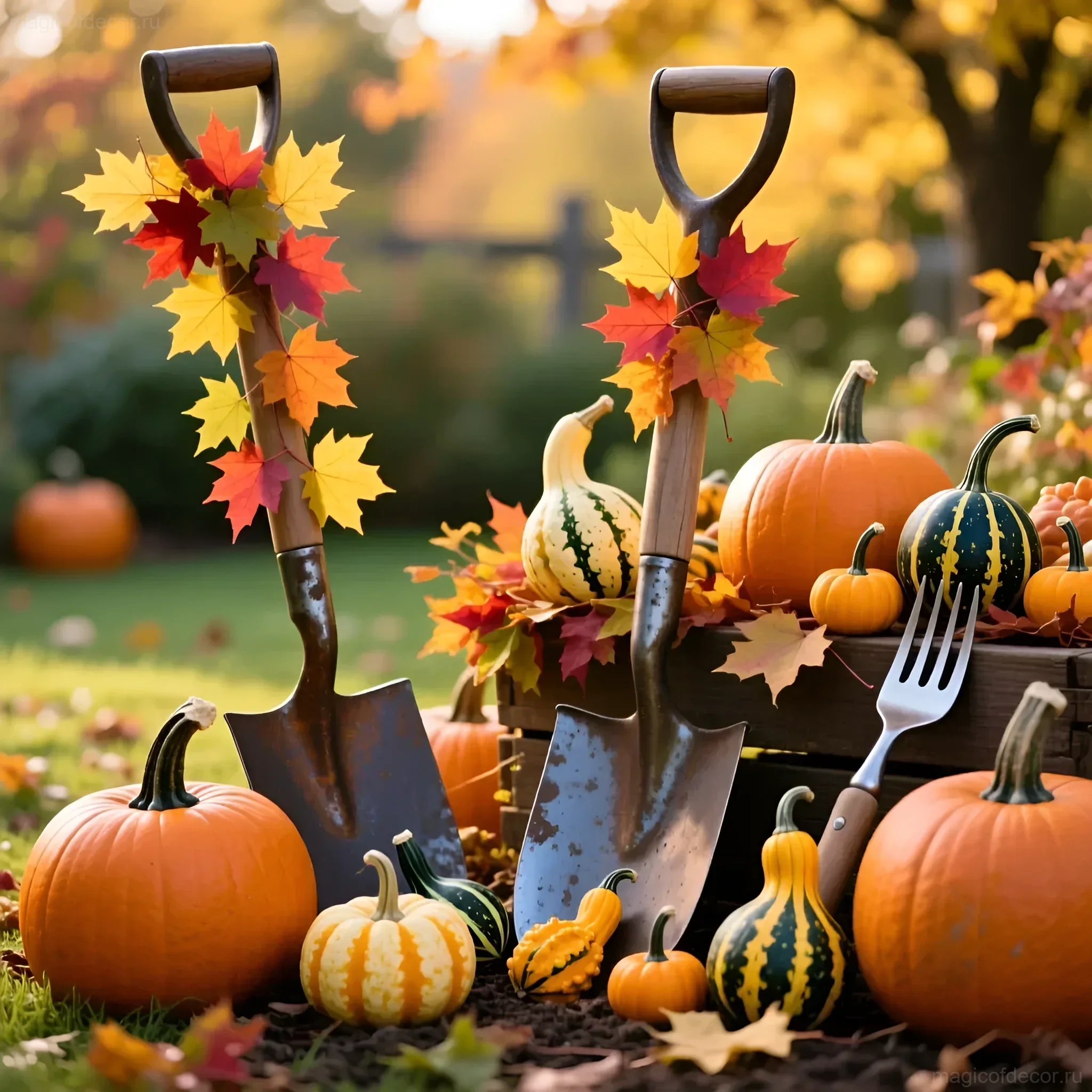 Композиция из старых лопат, украшенных осенними листьями, в окружении разноцветных тыкв и декоративных кабачков на фоне осеннего сада.