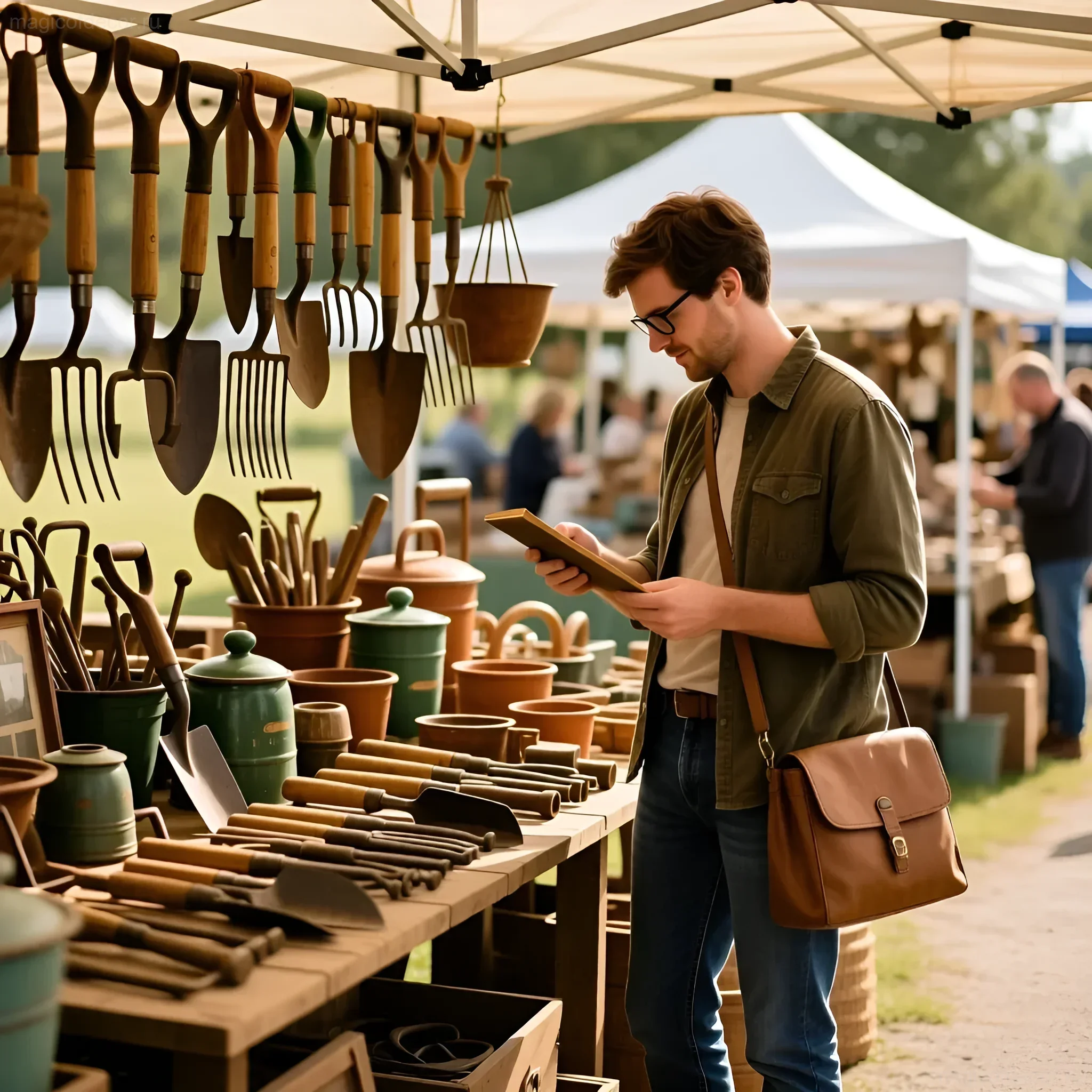Мужчина рассматривает старинные садовые инструменты на ярмарке, вдохновляясь идеями для декора сада в винтажном стиле.