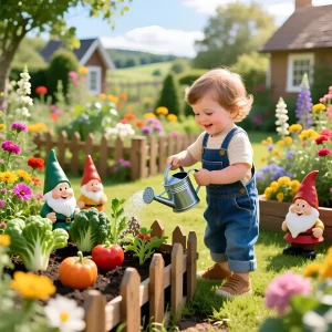 Маленький ребенок поливает грядку с овощами и цветами в окружении декоративных гномов на дачном участке.