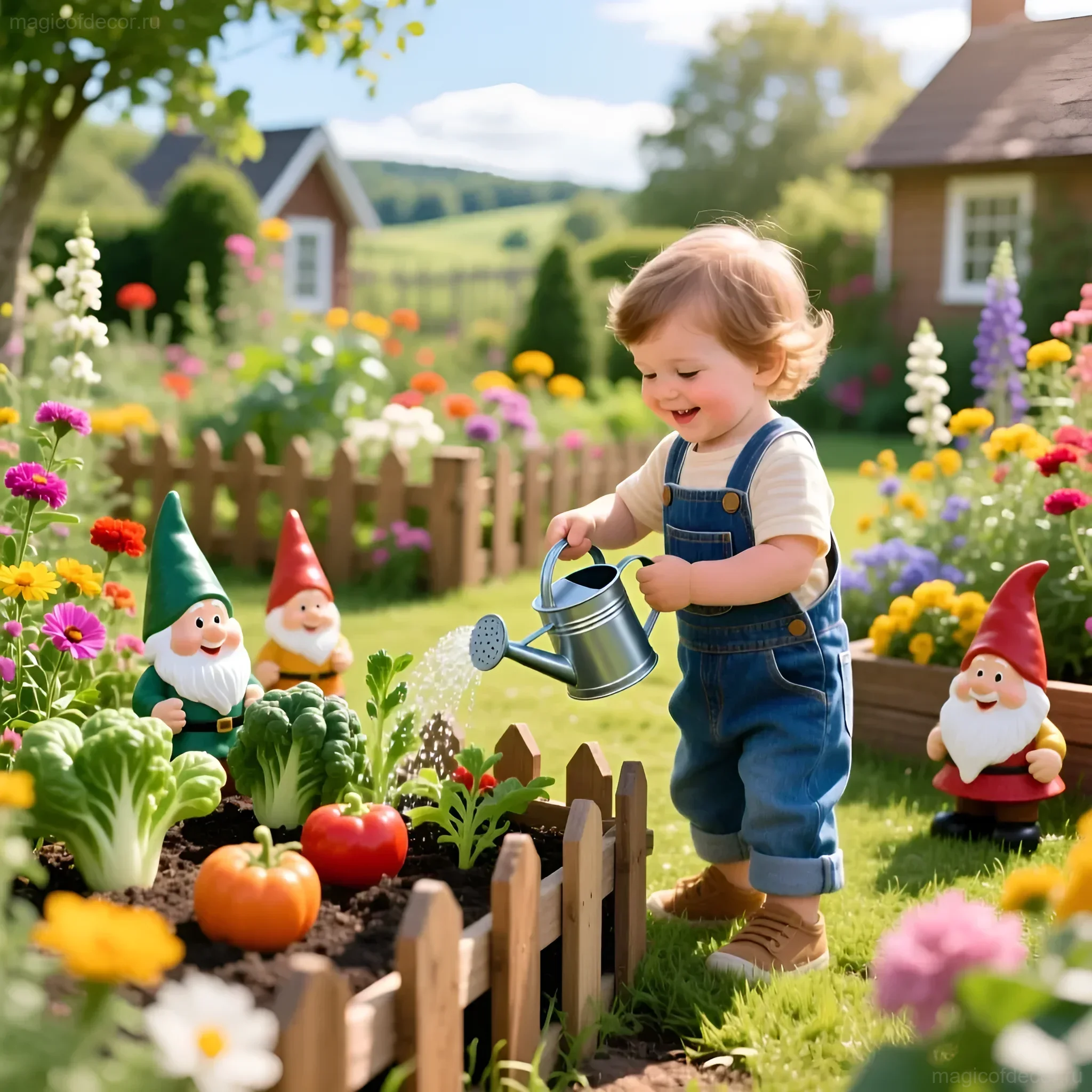 Маленький ребенок поливает грядку с овощами и цветами в окружении декоративных гномов на дачном участке.
