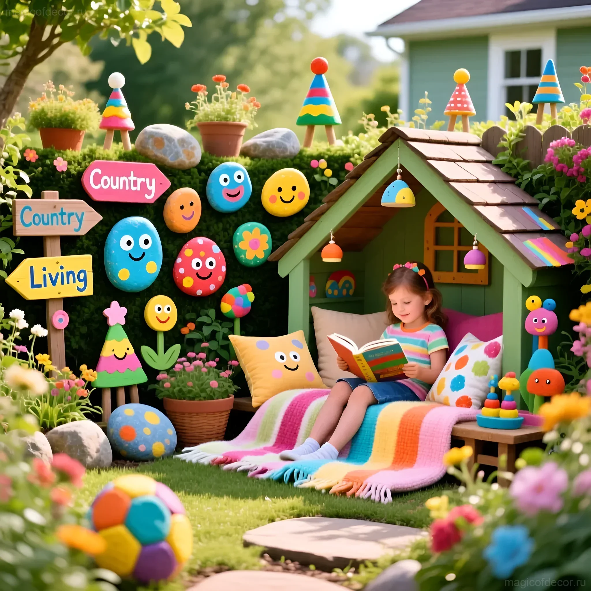 Kinderhaus auf der Datscha, geschmückt mit bunten Deko-Elementen: Blumen in Töpfen, lustige Smileys, bunte Steine und Schilder, ein Mädchen liest ein Buch in gemütlicher Atmosphäre.