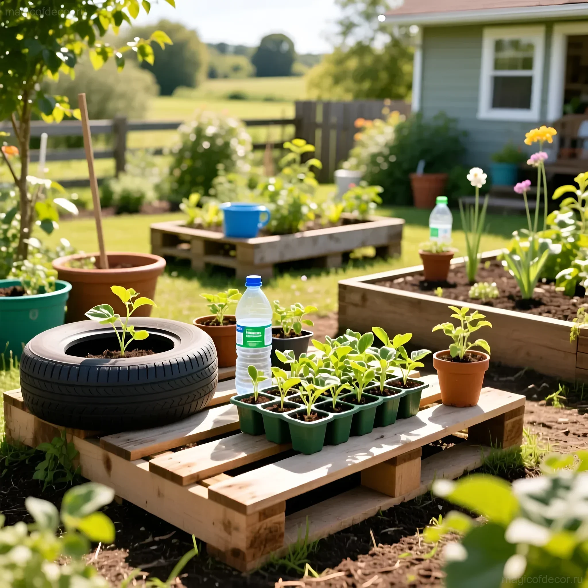 Foto eines Kindergartens auf der Datscha mit Beeten aus Paletten, Reifen und Holzkisten, gefüllt mit Setzlingen und Kräutern.