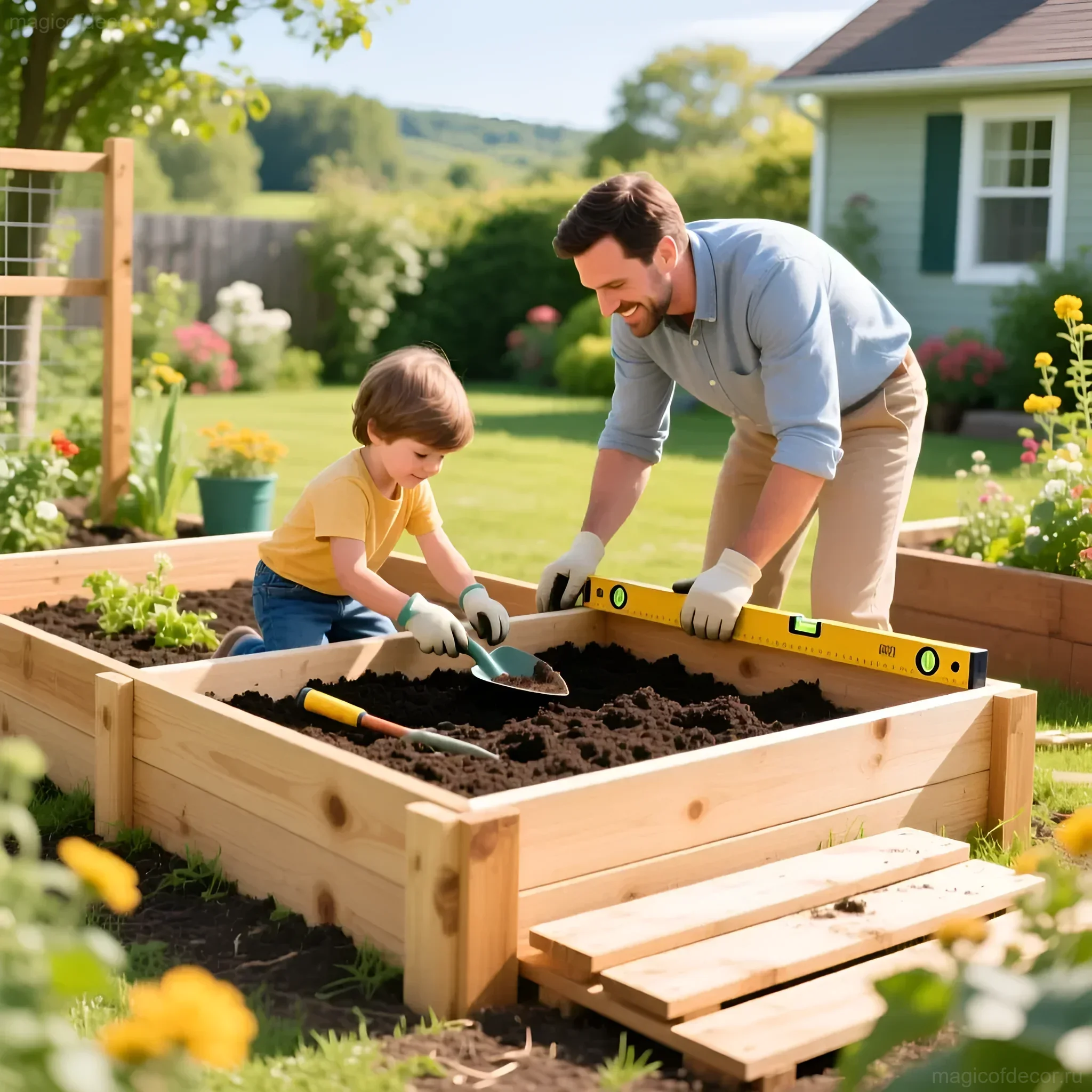 Vater und Sohn bereiten gemeinsam ein Beet für den Kindergarten auf der Datscha vor, mit einer Holzkiste und Gartengeräten.