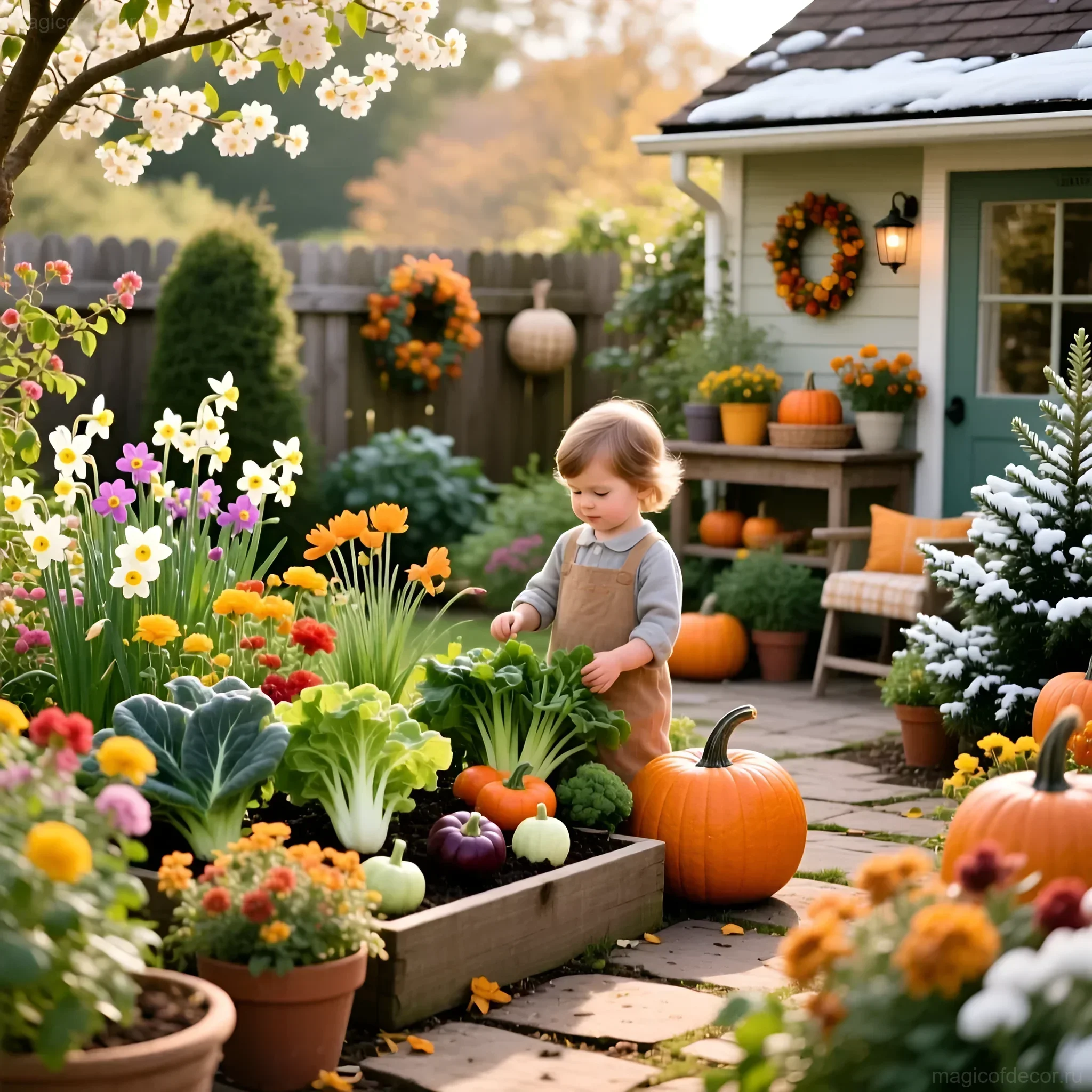 Ein kleiner Gärtner im Overall vor einem Beet mit Kürbissen, Blumen und Gemüse vor einem gemütlichen Haus, geschmückt mit Herbstdeko.