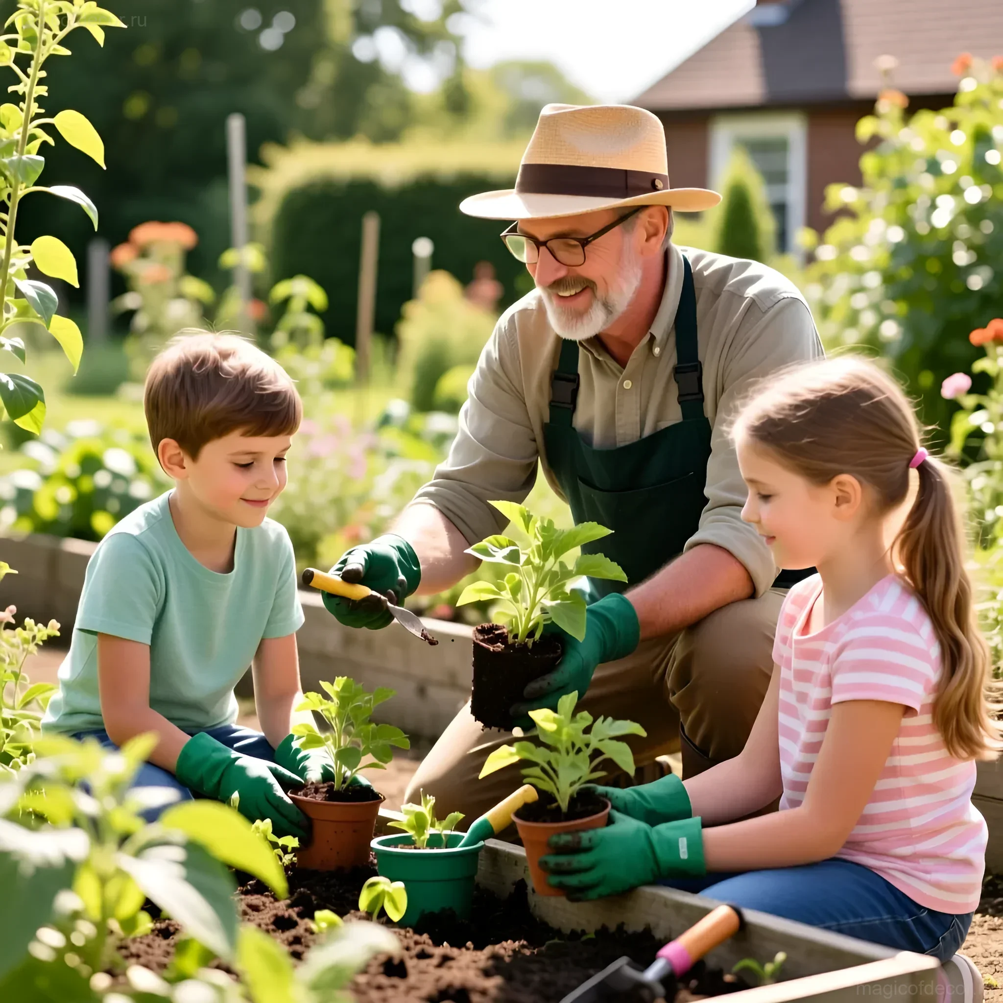 Großvater und zwei Enkel pflanzen Setzlinge in ein Beet auf der Datscha, tragen Gartenhandschuhe, sonniger Tag, grüner Garten.