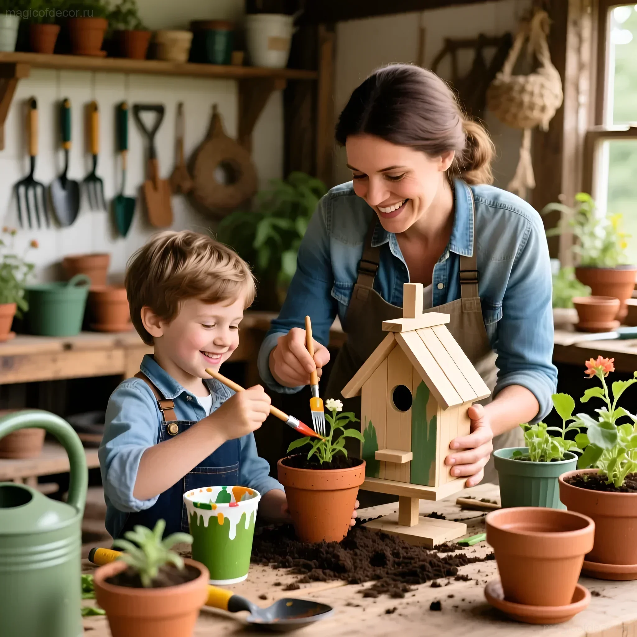 Mutter und Sohn bemalen gemeinsam einen Holznistkasten und pflanzen Blumen in Töpfe auf der Datscha und gestalten so einen gemütlichen Kindergarten.