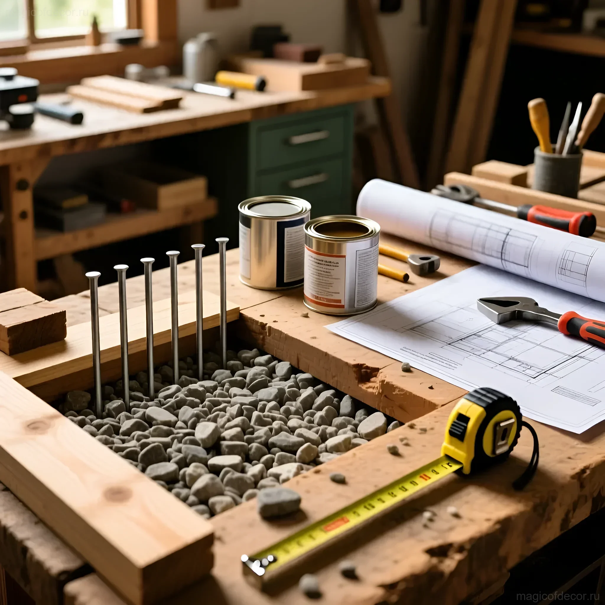 Рабочий стол с инструментами и материалами для строительства площадок для петанка и городков на даче: чертежи, гравий, деревянные колышки, измерительные инструменты.