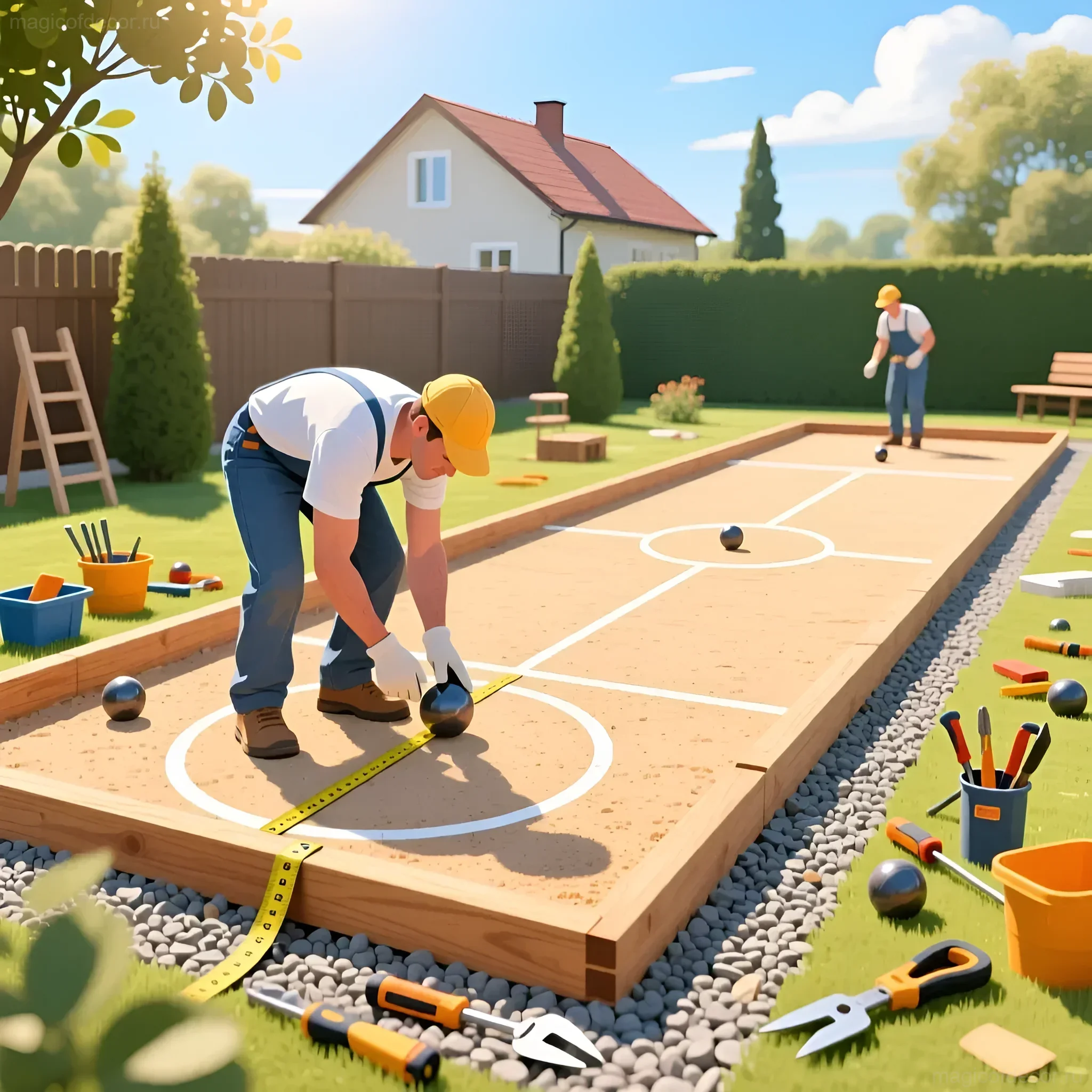 Мужчина размечает площадку для петанка на дачном участке, вокруг инструменты и шары для игры, на заднем плане дом и зеленая живая изгородь.