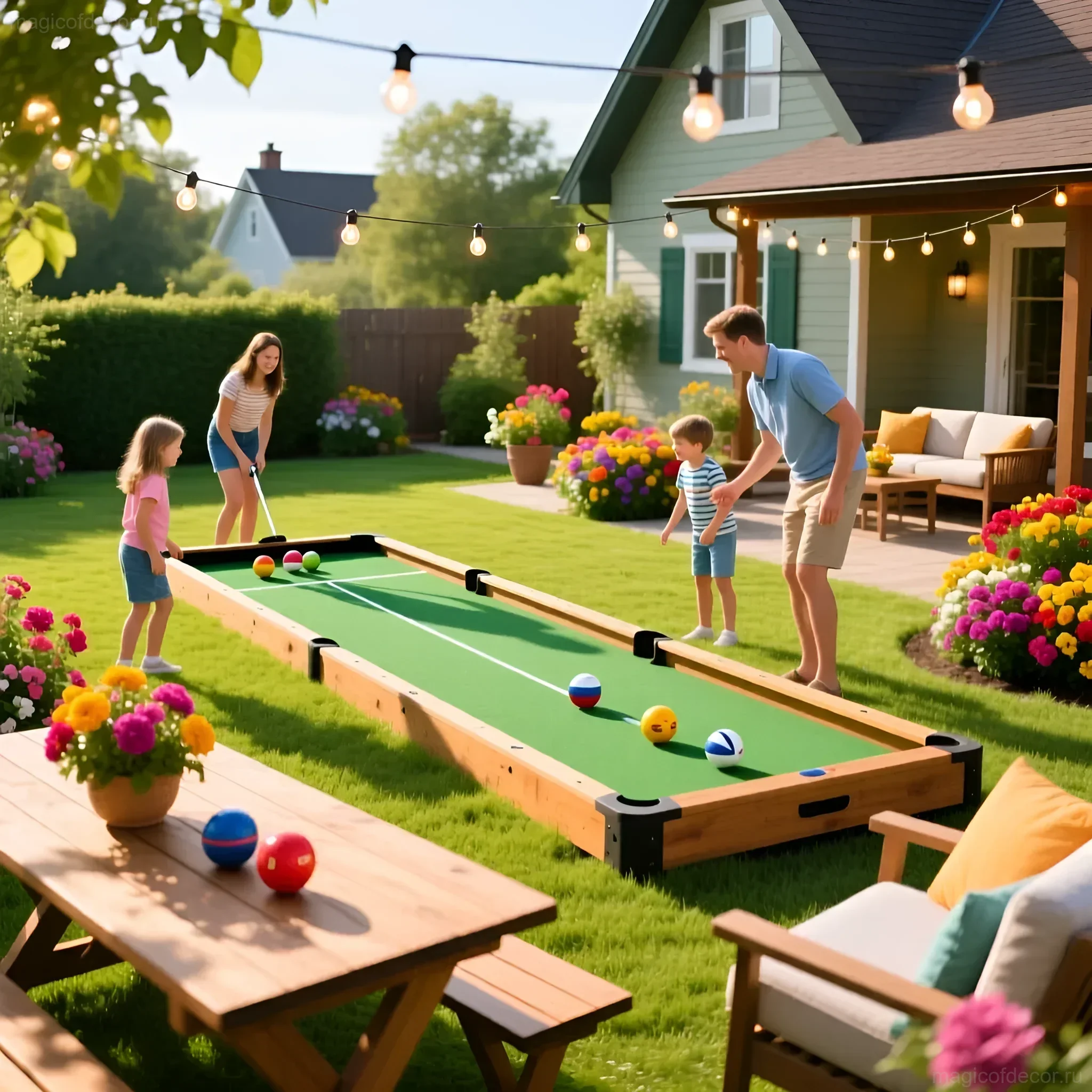 Яркая игровая зона на даче с деревянной площадкой для петанка, цветущими клумбами и уютной садовой мебелью, где родители играют с детьми.