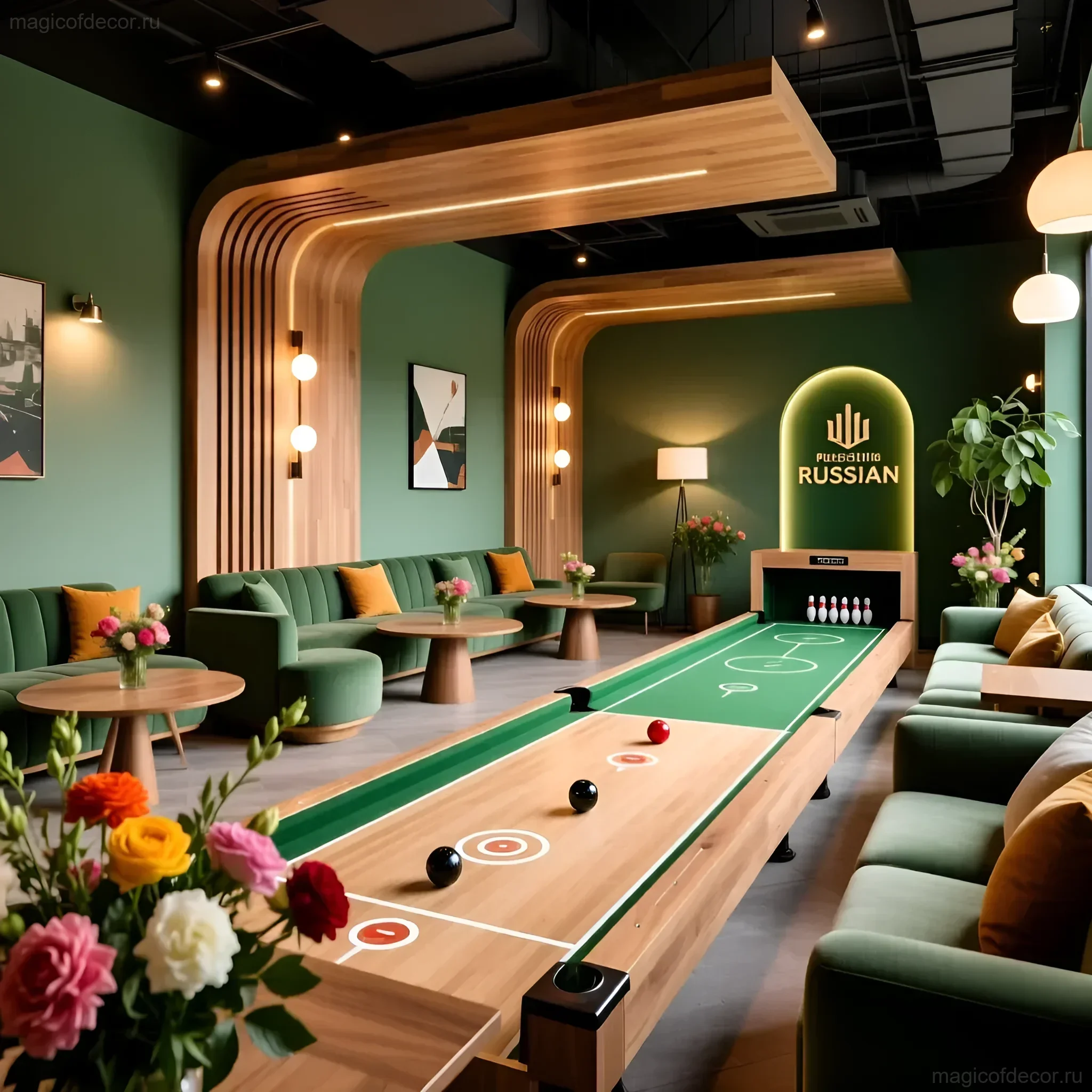 Современная игровая комната с полем для петанка, зелеными диванами и деревянными акцентами, оформленная в стиле ретро.