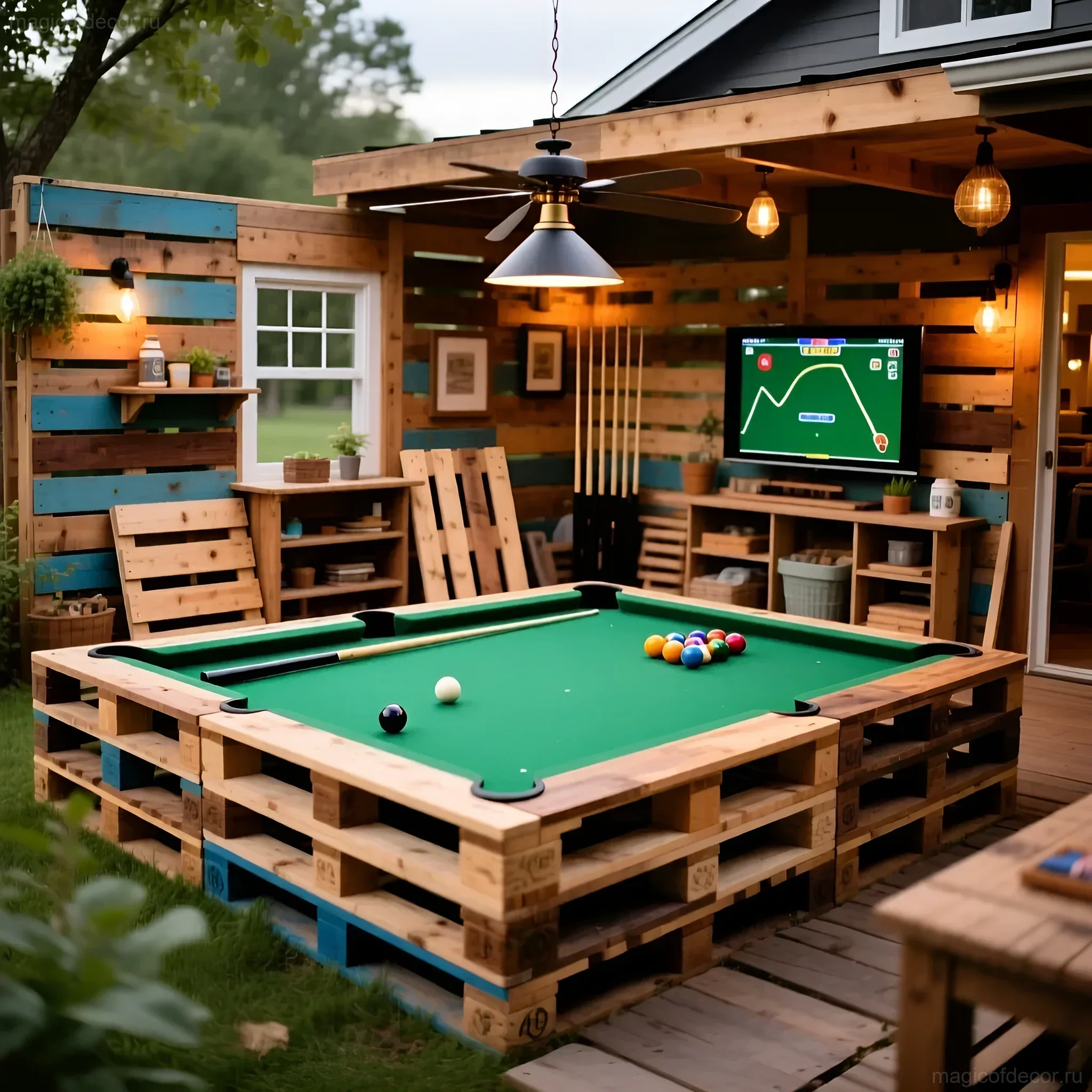 Игровая зона на даче с самодельным бильярдным столом из деревянных паллет, телевизором и стеллажами, оформленная в рустикальном стиле.