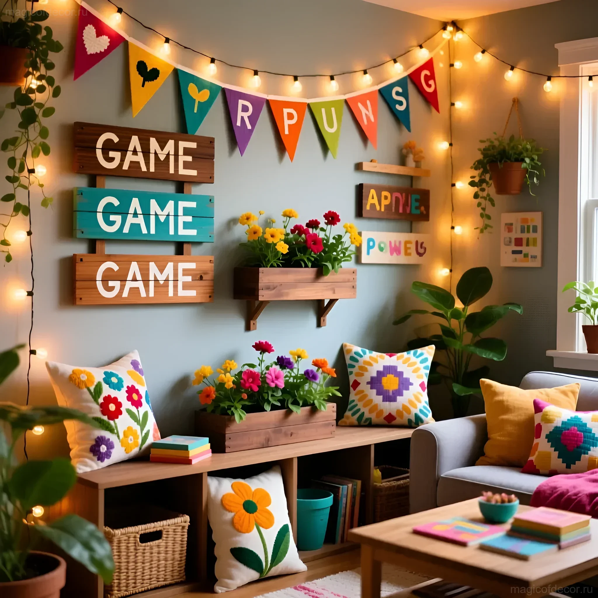 Уютная игровая зона в доме с деревянной мебелью, яркими подушками, гирляндой и декоративными надписями 'GAME' и 'FUN'.