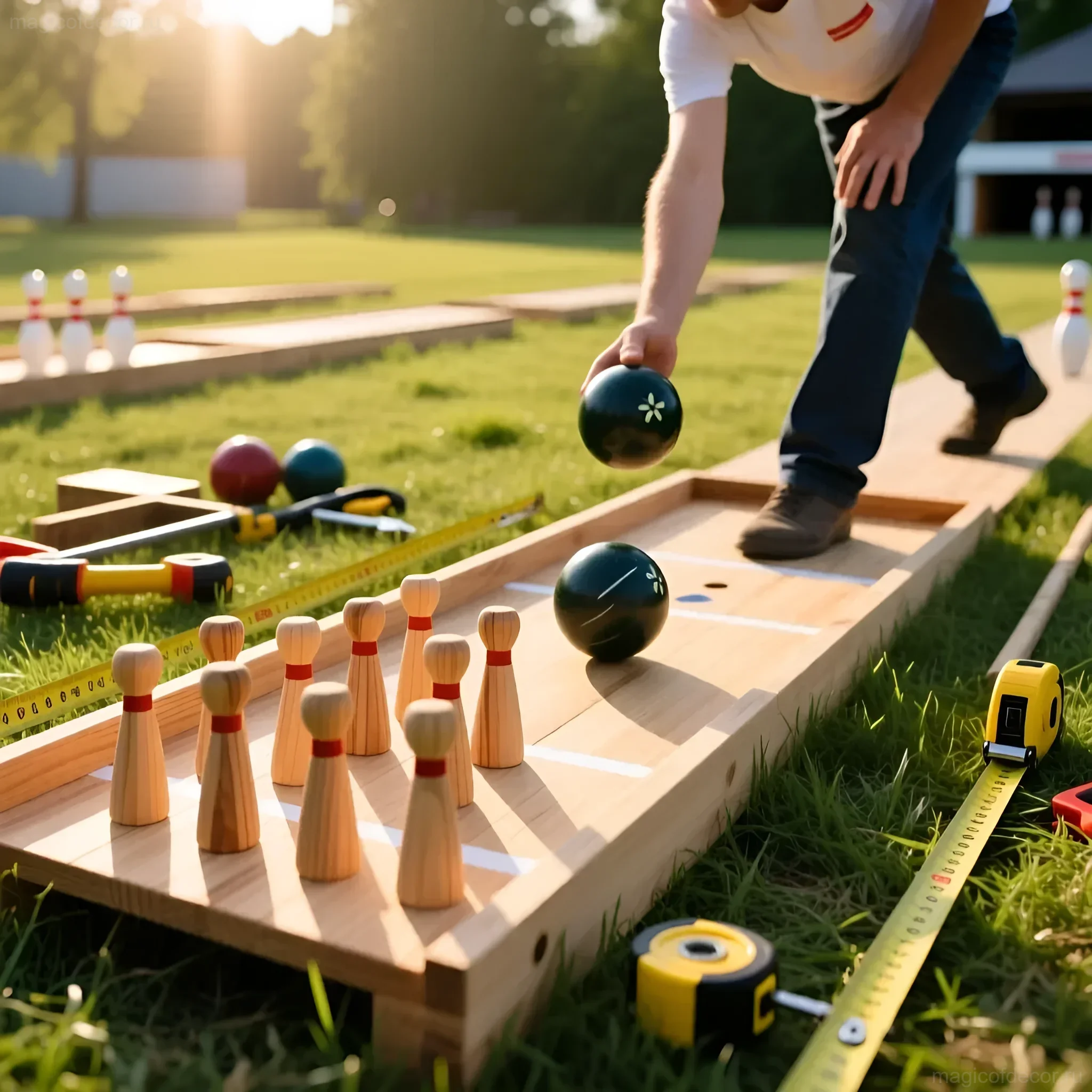 Фотография процесса игры в городки на дачной лужайке, с деревянными битами, кеглями и измерительной рулеткой, демонстрирующая активный отдых на природе.