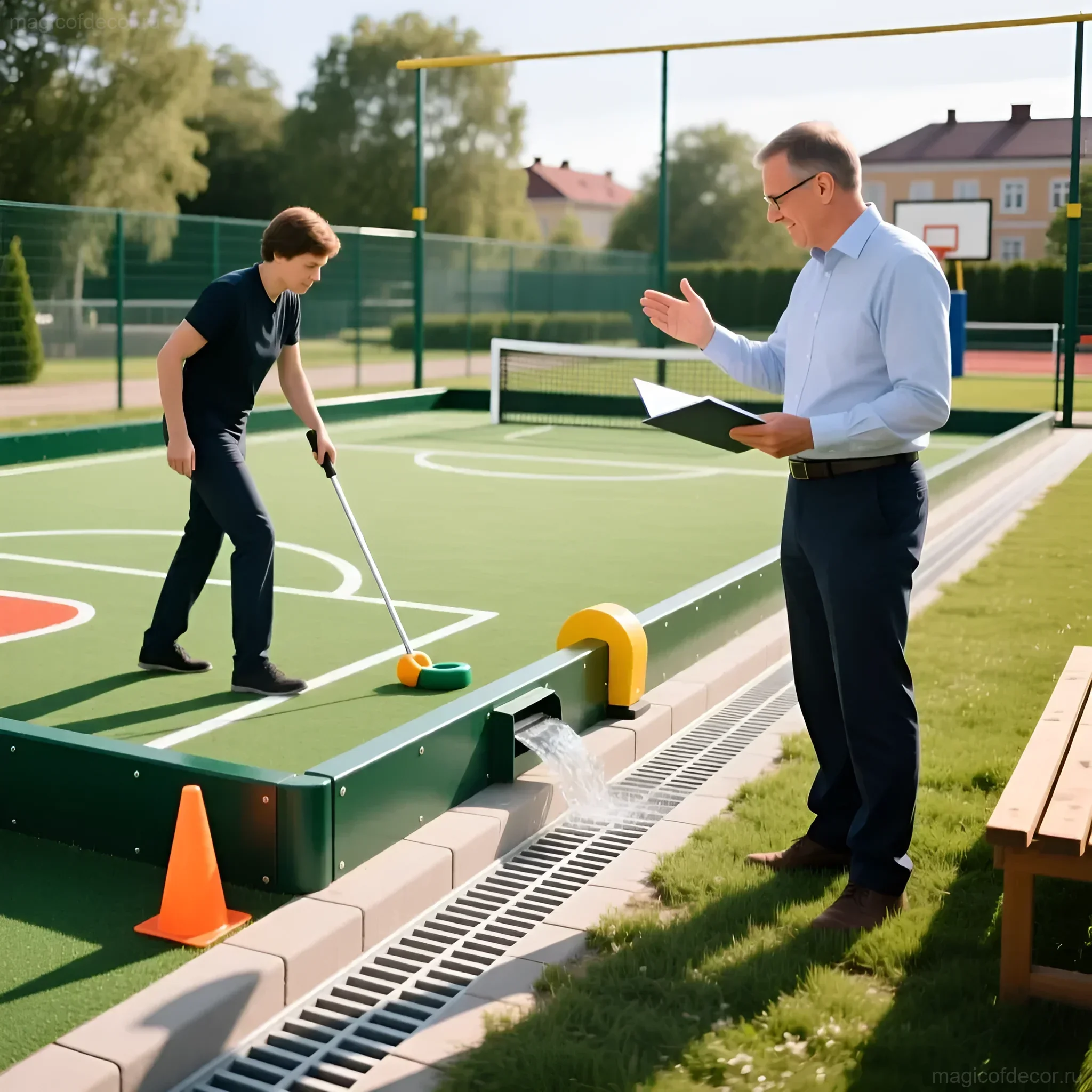 Фотография игровой площадки для петанка на даче: мужчина объясняет правила игры подростку, вид сверху, зеленое покрытие, бортики, яркие шары.