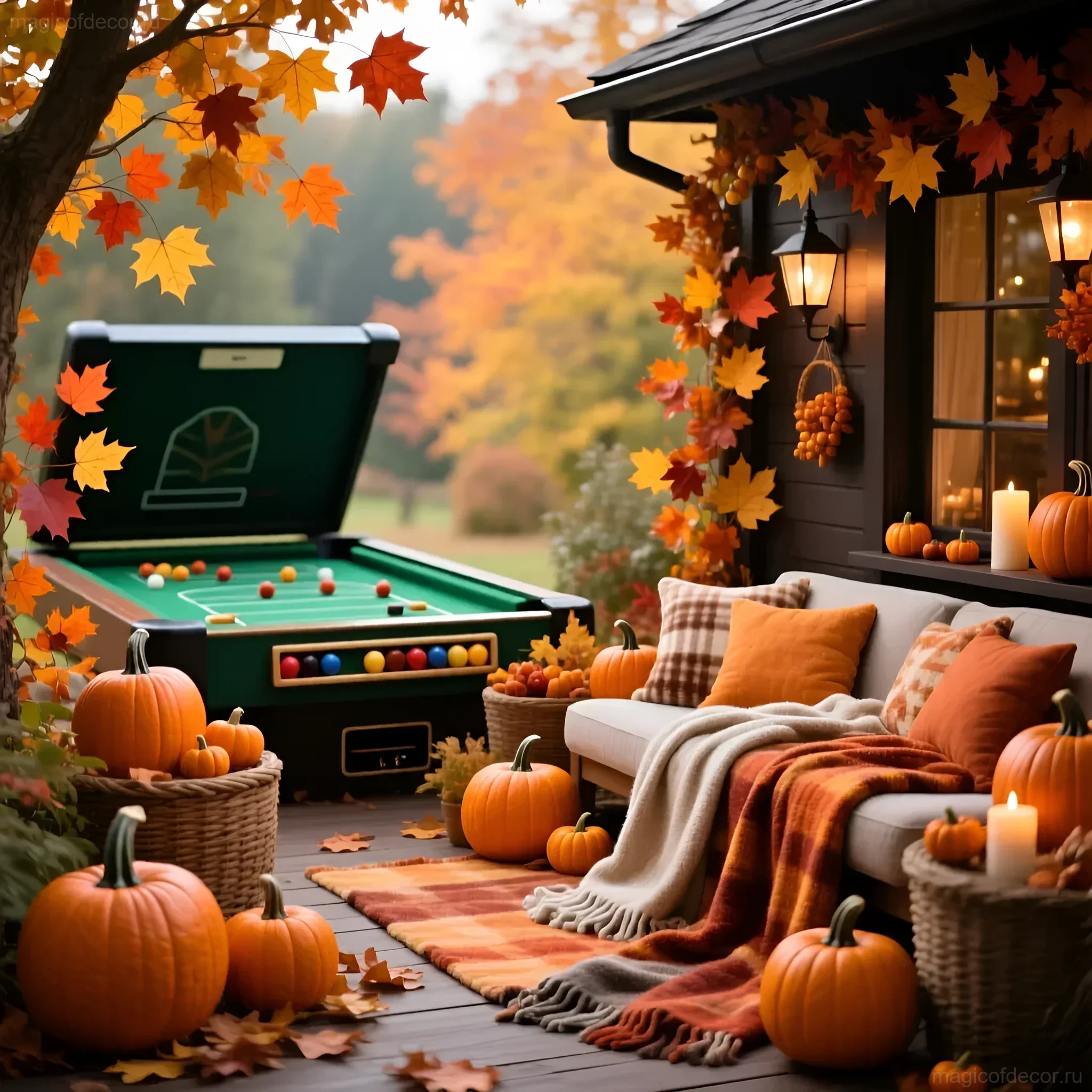 Фотография уютной осенней игровой зоны на даче с мини-петанком, тыквами и мягким текстилем в теплых оранжевых тонах.