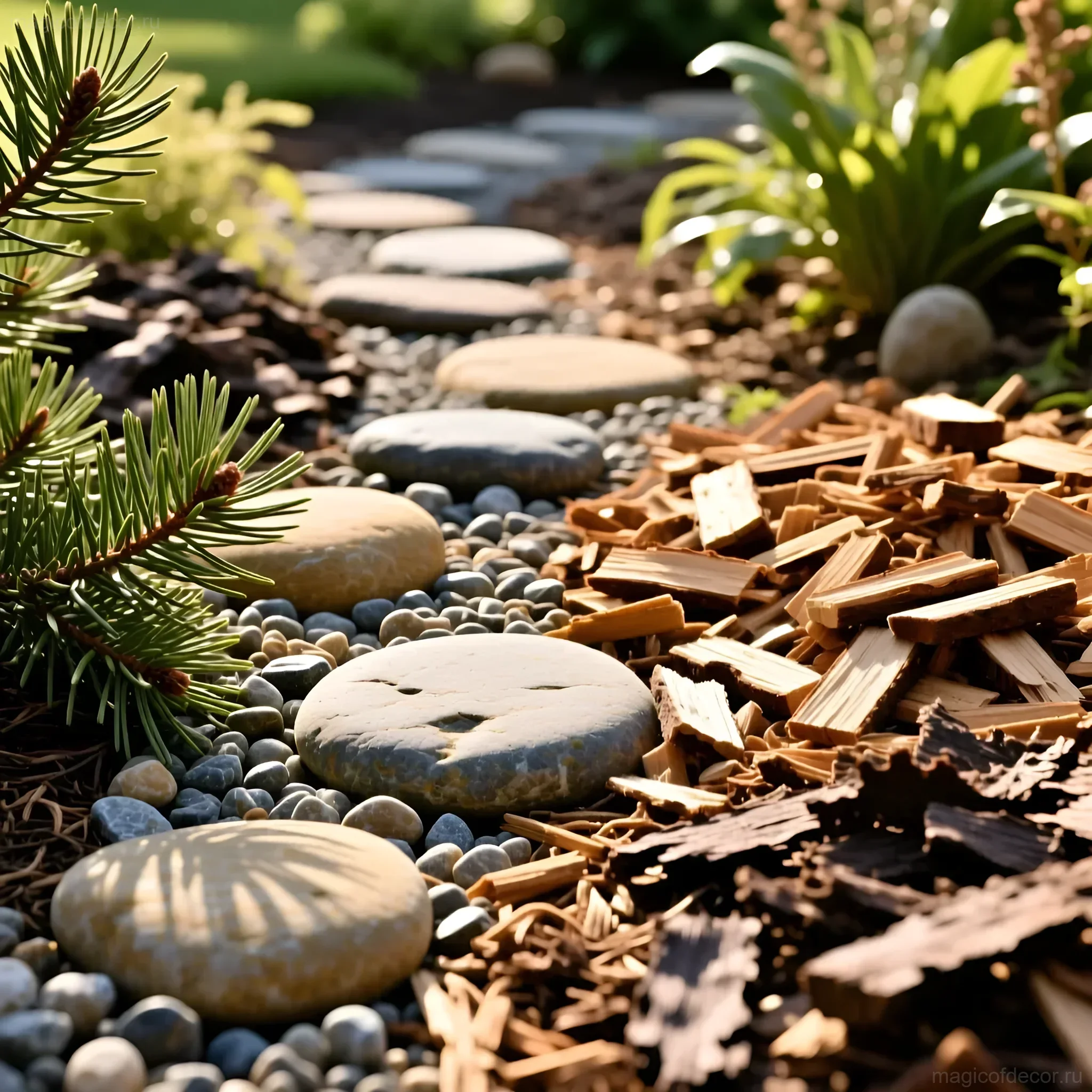 Крупный план тропы здоровья на даче, выложенной плоскими камнями, окруженной щепой, галькой и веточками ели, создающей ощущение природного релакса.