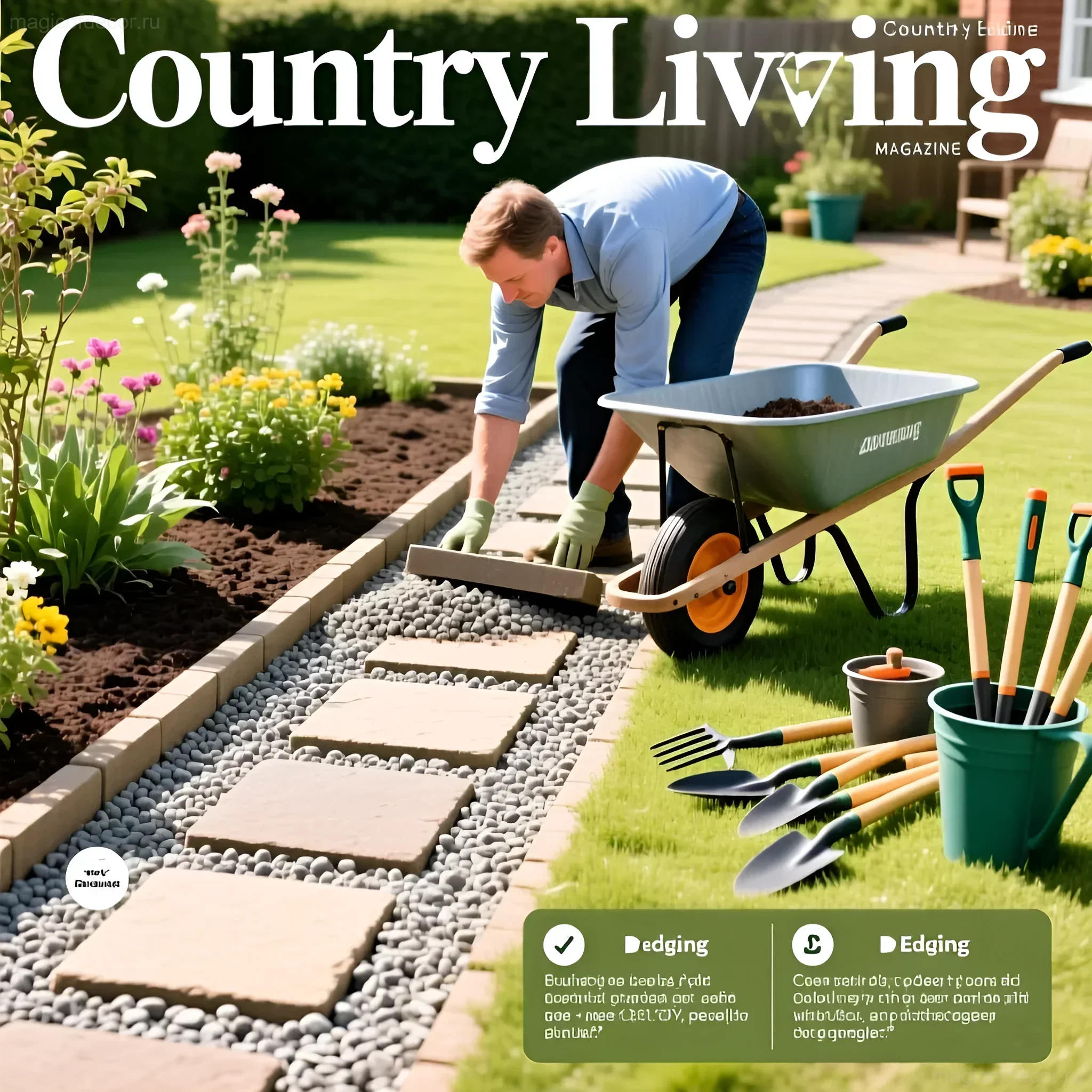 Мужчина укладывает каменную тропу на дачном участке, используя тачку и садовый инвентарь, на фоне цветущего сада.