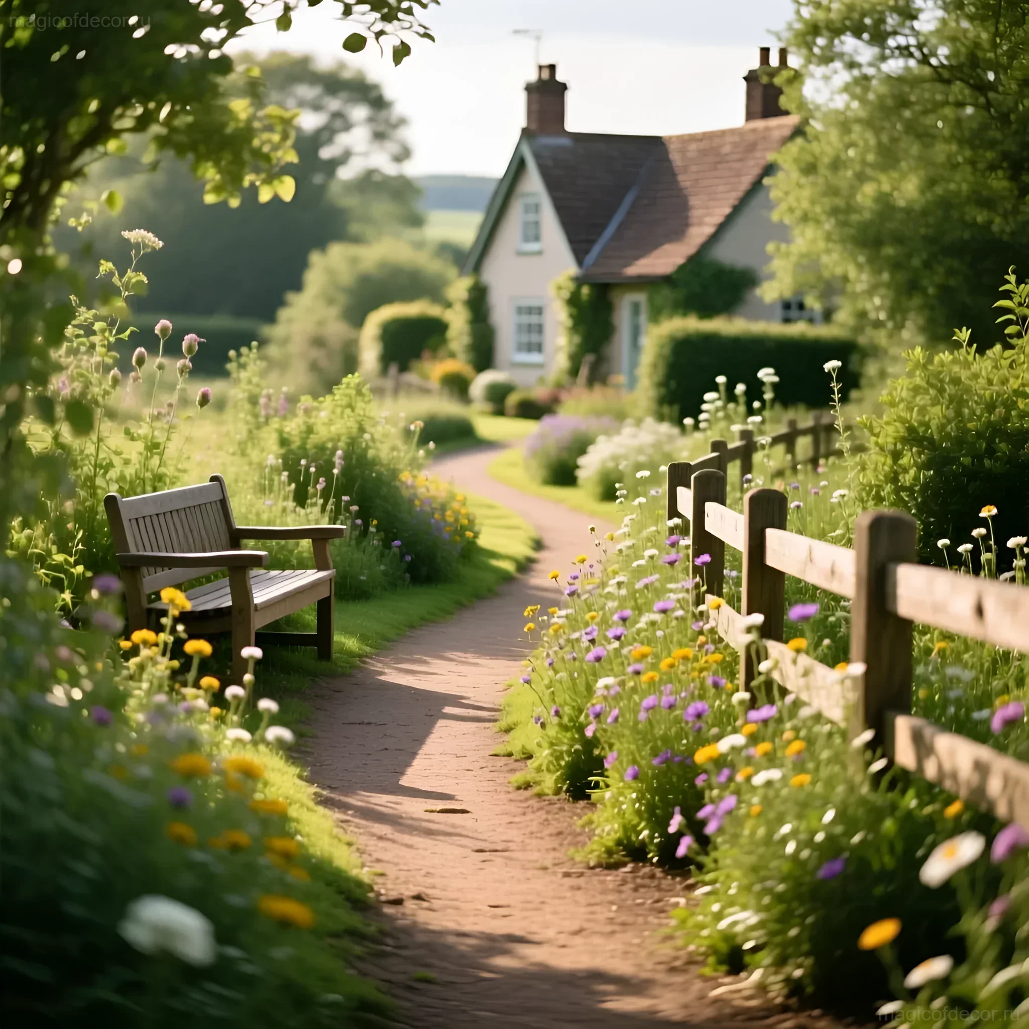 Фотография живописной дачной тропинки, вымощенной красным кирпичом, вдоль которой растут полевые цветы и установлен деревянный скамейка. На заднем плане виден уютный дом в английском стиле.