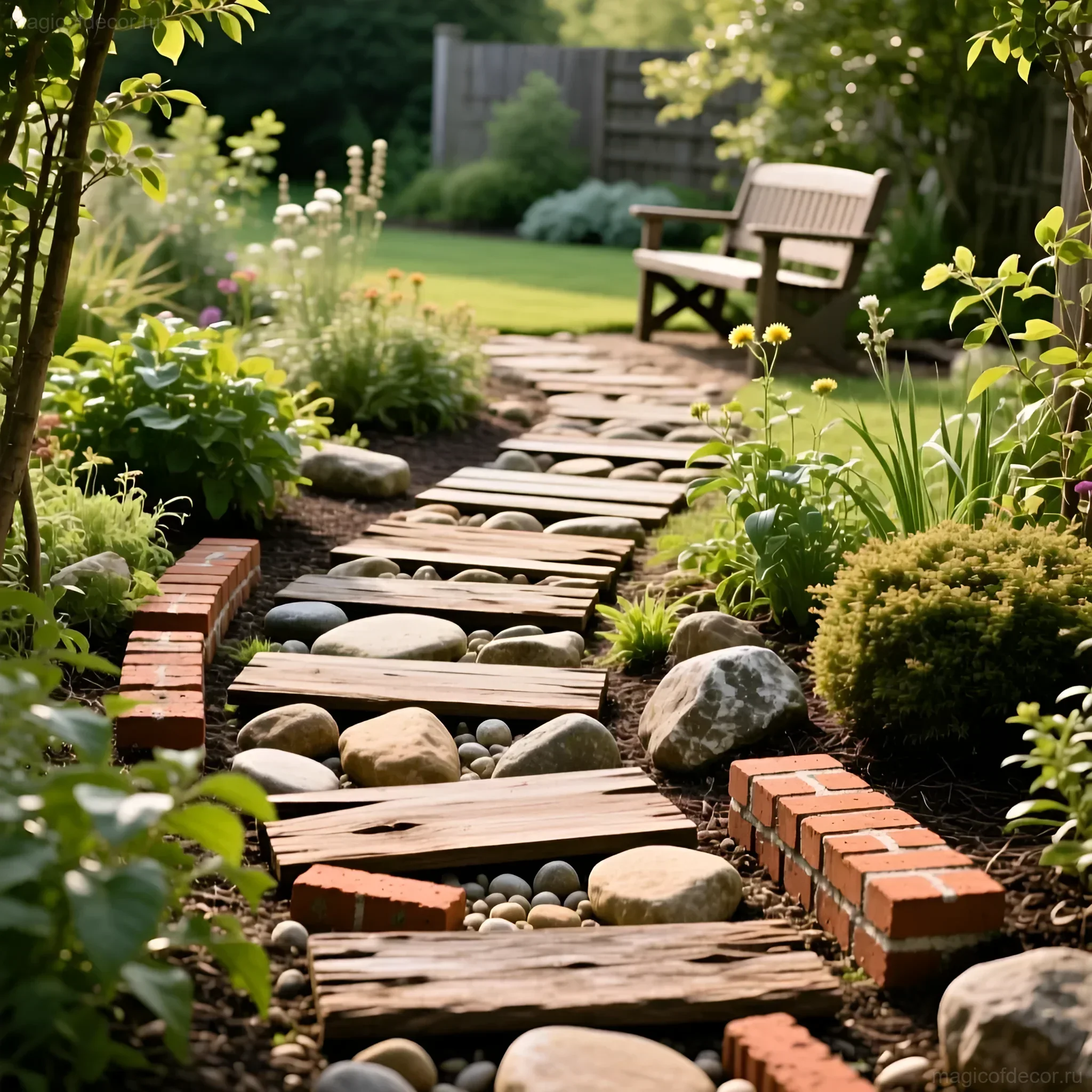 Фотография живописной дачной тропинки, выложенной спилами дерева, окруженной цветущими растениями и камнями, ведущей к деревянной скамейке в саду.