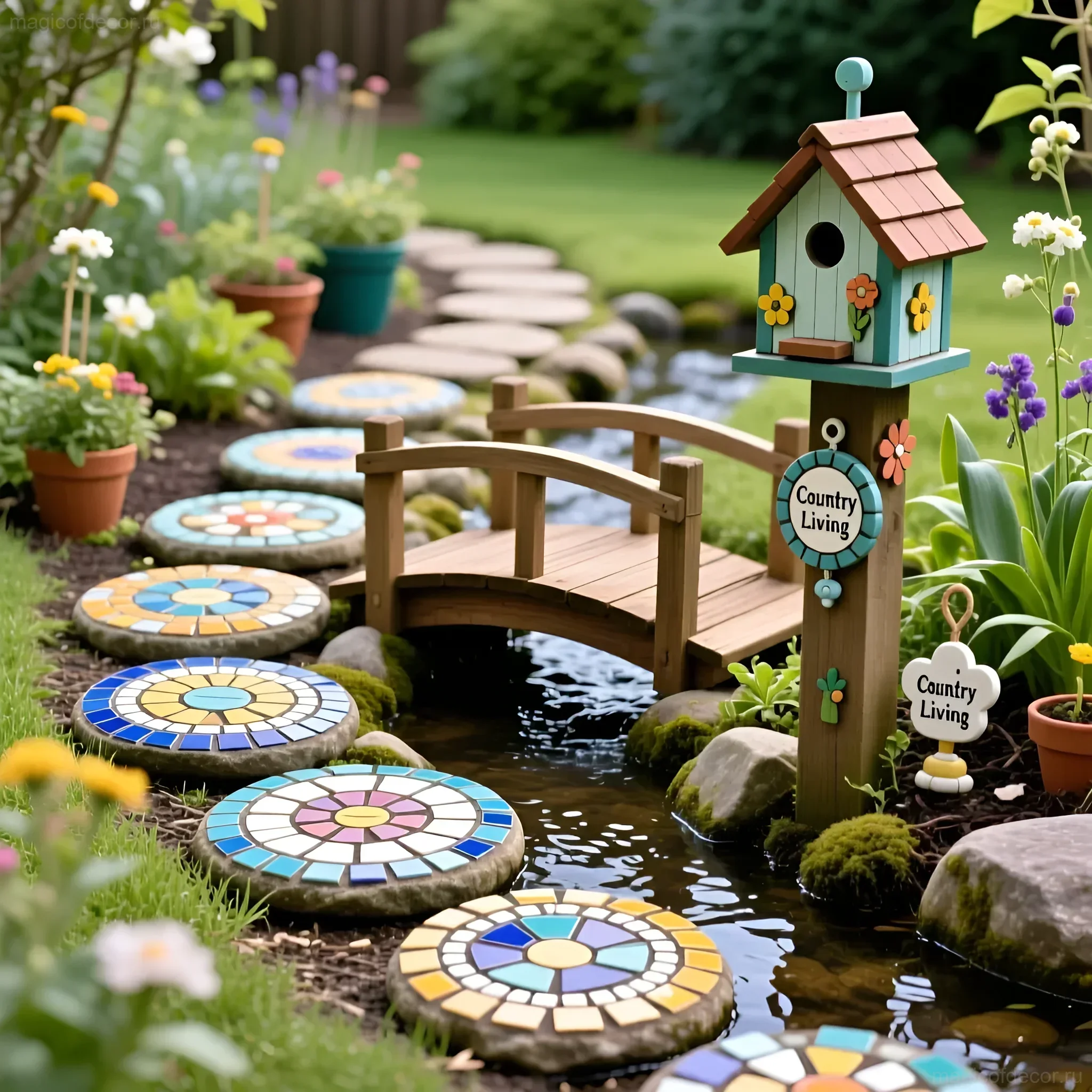 Яркая тропа здоровья на даче с мозаичными шагами, миниатюрным деревянным мостиком и уютным домиком для птиц, утопающим в зелени.