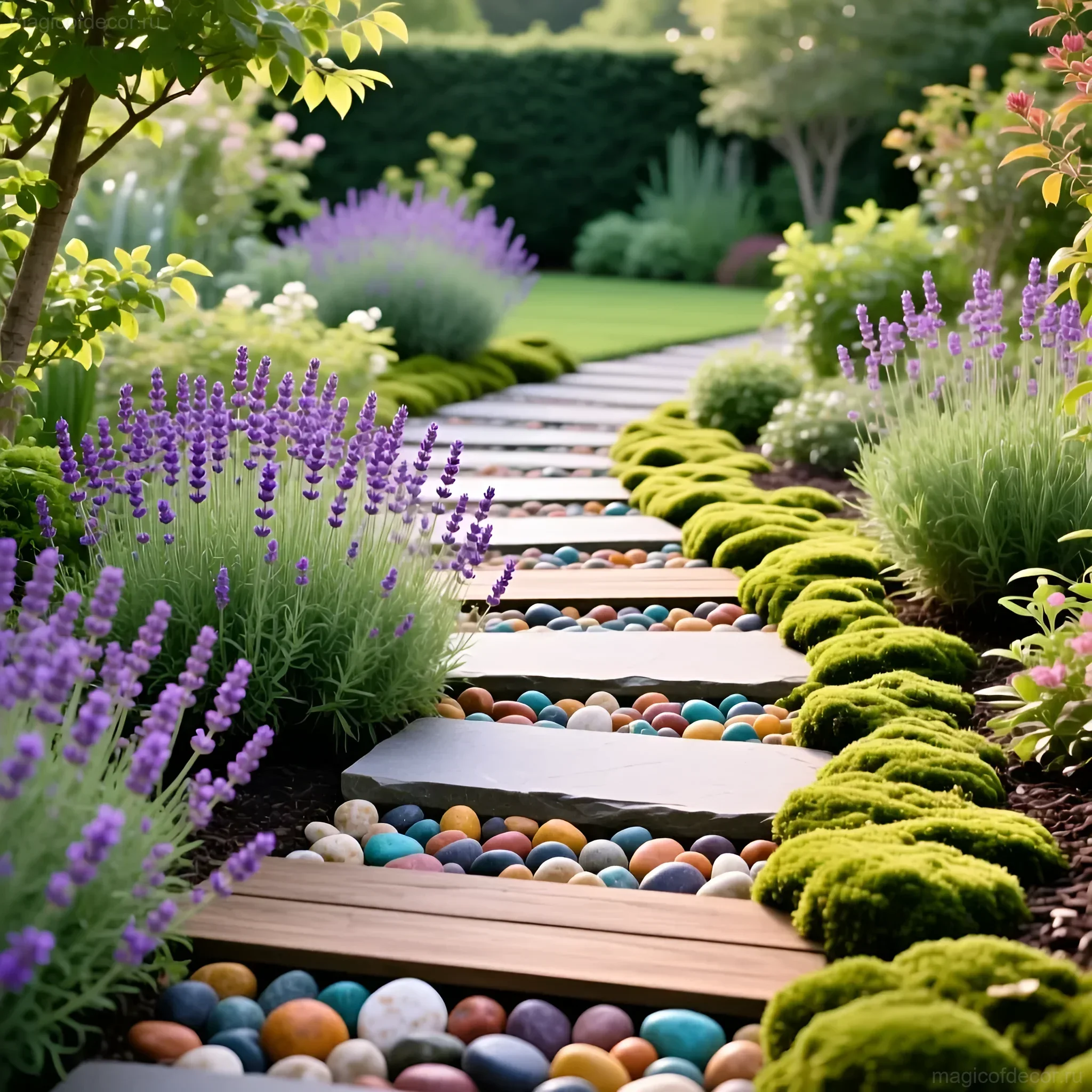 Фото тропы здоровья на даче, выложенной каменными плитами и декорированной разноцветной галькой, с цветущей лавандой по краям.