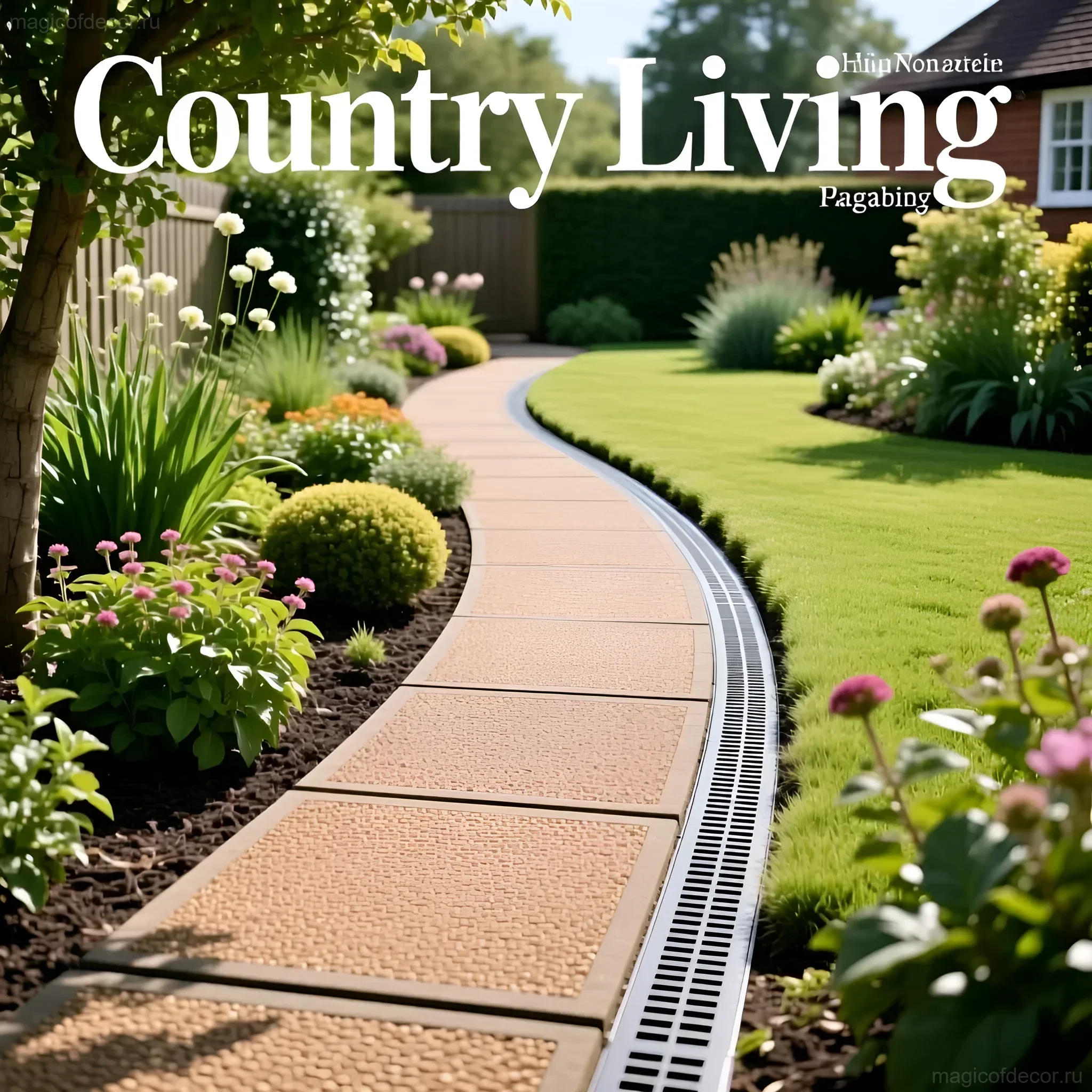 Фотография изогнутой тропинки из терракотовой плитки, обрамленной пышной зеленью и цветущими кустарниками, демонстрирует элегантное решение для дачного участка.