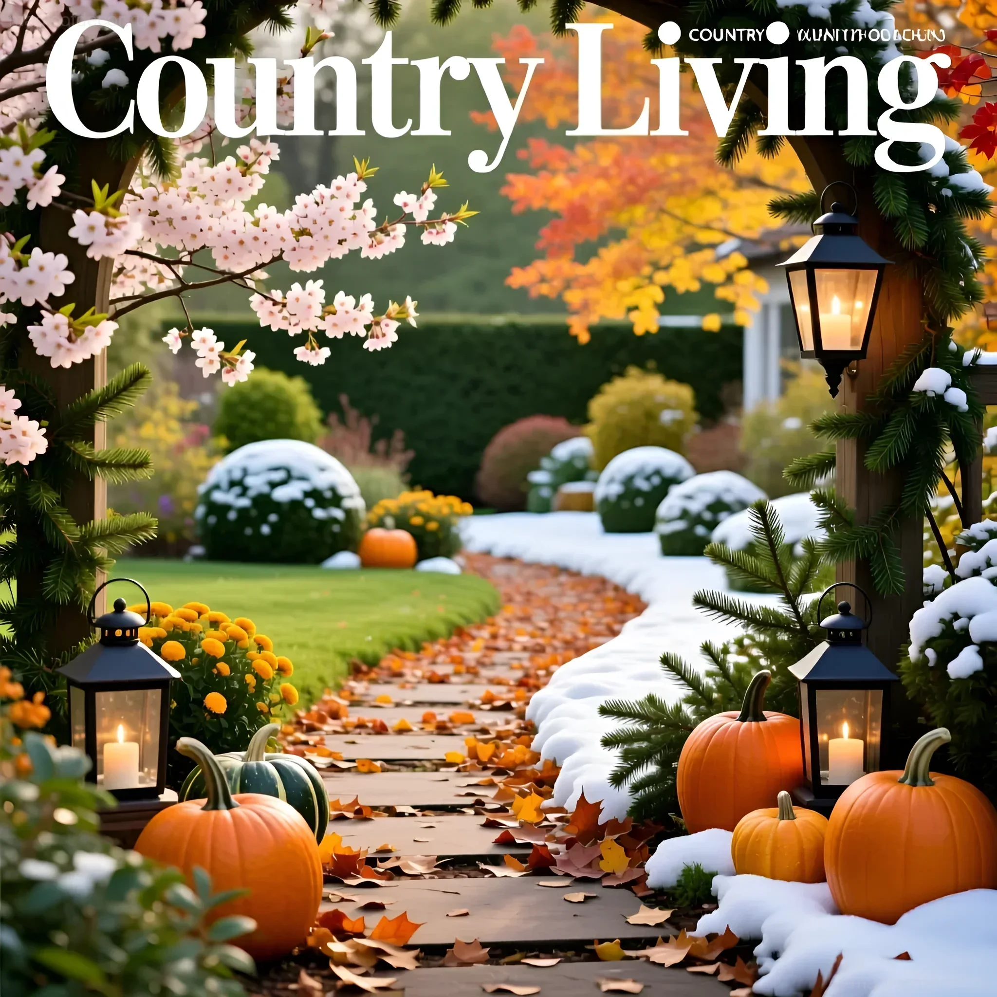 Осенне-зимняя тропа здоровья, украшенная тыквами, фонарями и заснеженными кустами, создает уютную и волшебную атмосферу на даче.