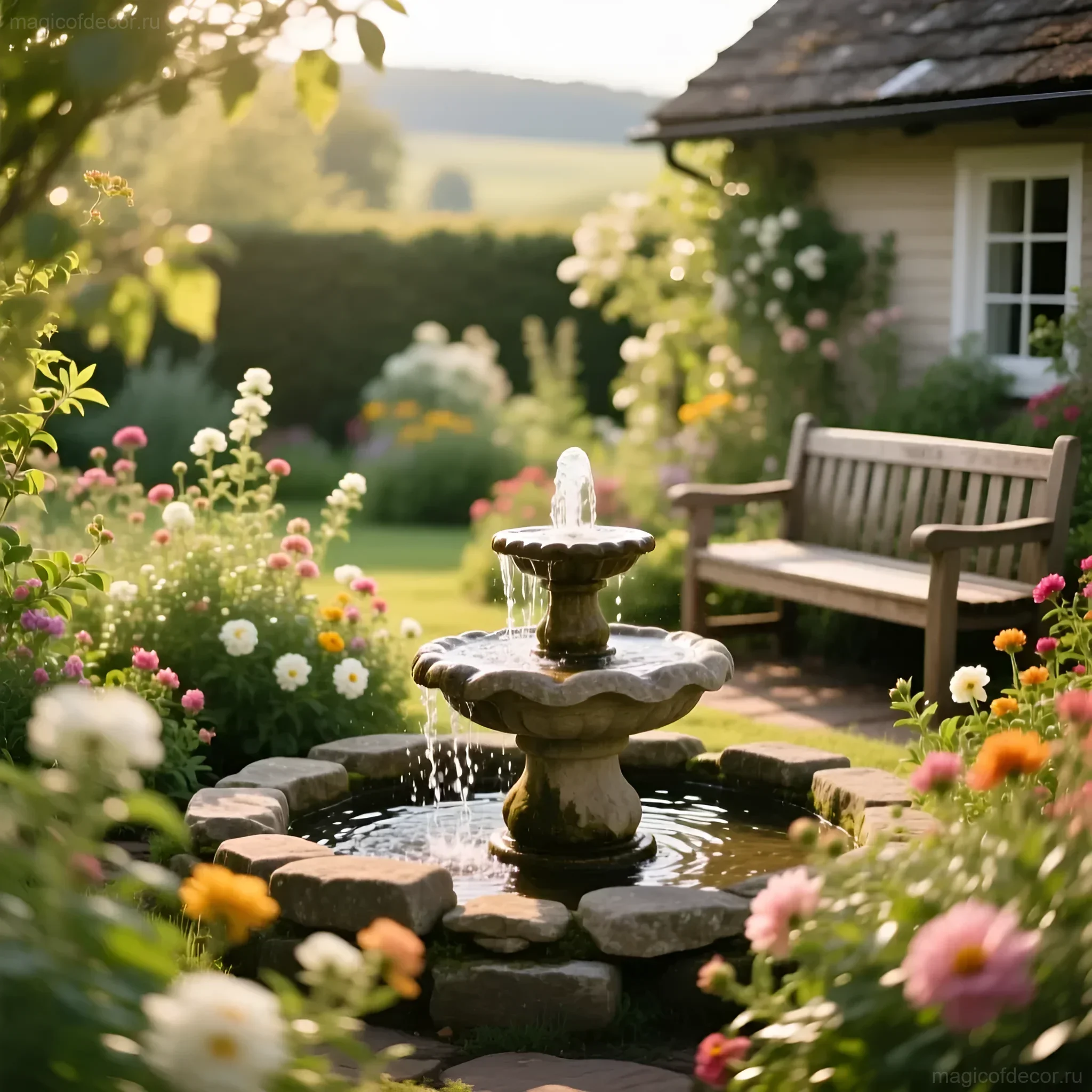 Каменный фонтанчик в окружении ярких цветов на дачном участке, залитый мягким солнечным светом. Идеальное место для отдыха и релаксации.