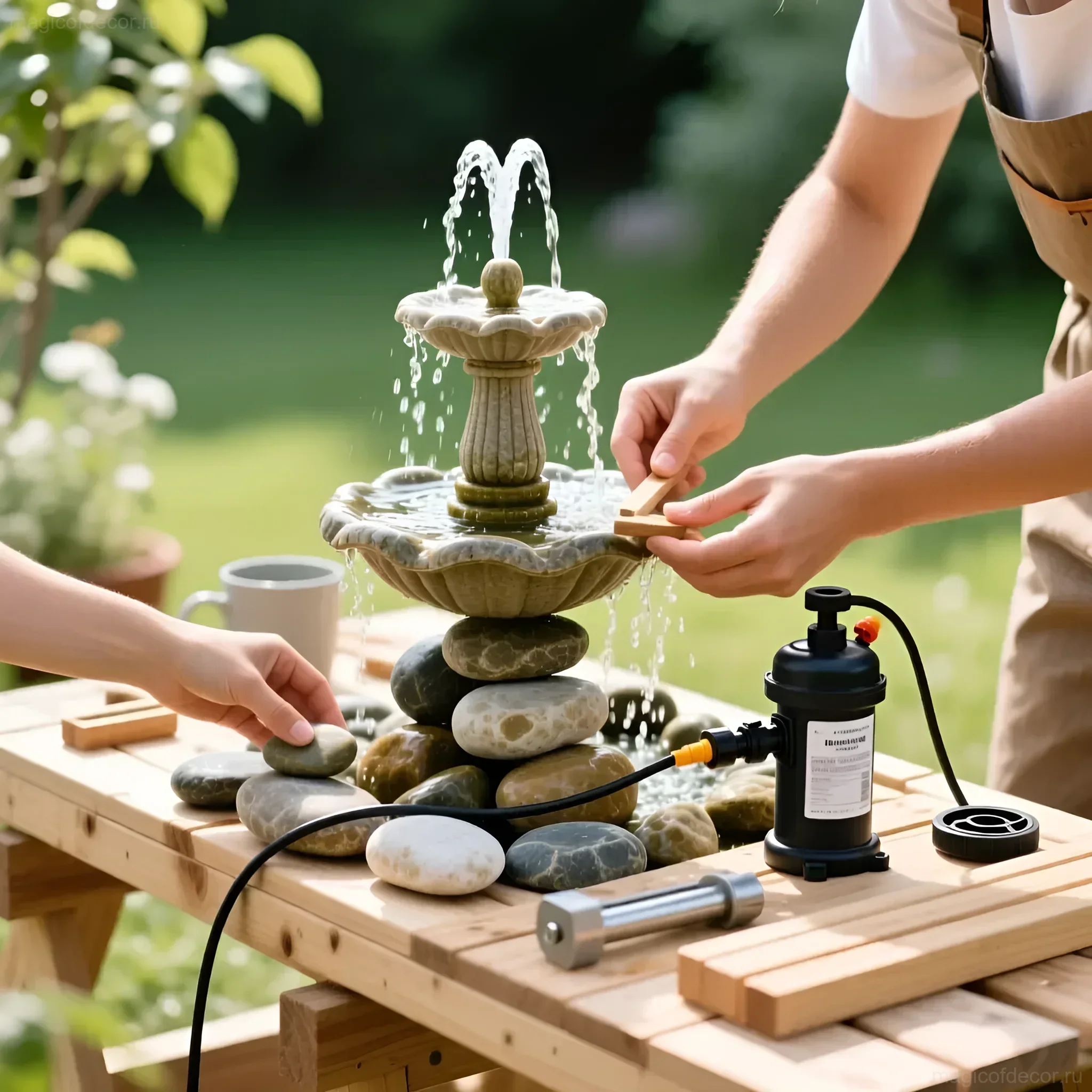Маленький декоративный фонтанчик из искусственного камня, установленный на деревянном столе на даче, с брызгами воды и человеком, настраивающим поток.