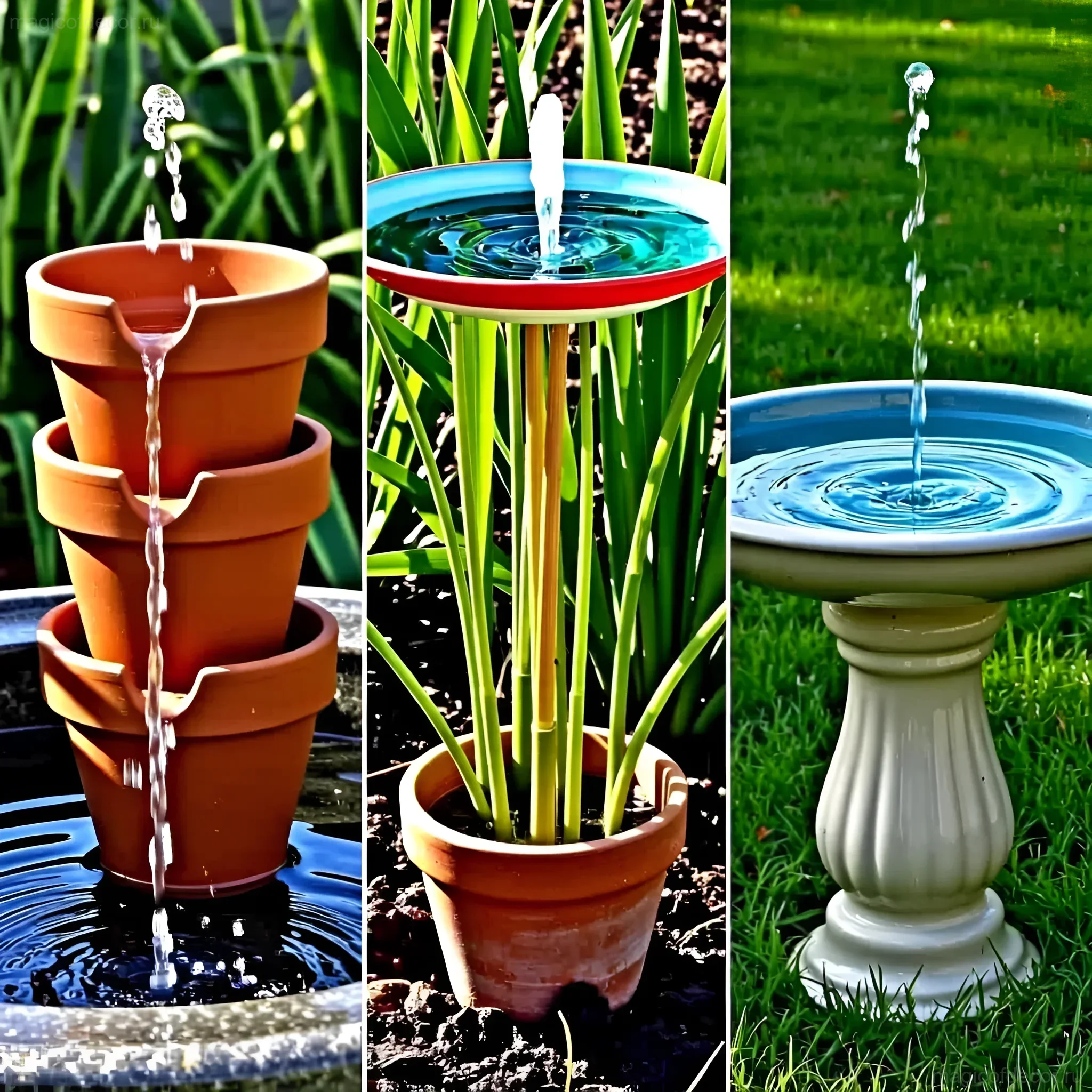 Коллаж из трех фотографий: фонтанчик из терракотовых горшков, фонтанчик из пластиковой емкости и растений, фонтанчик из керамической чаши на подставке.
