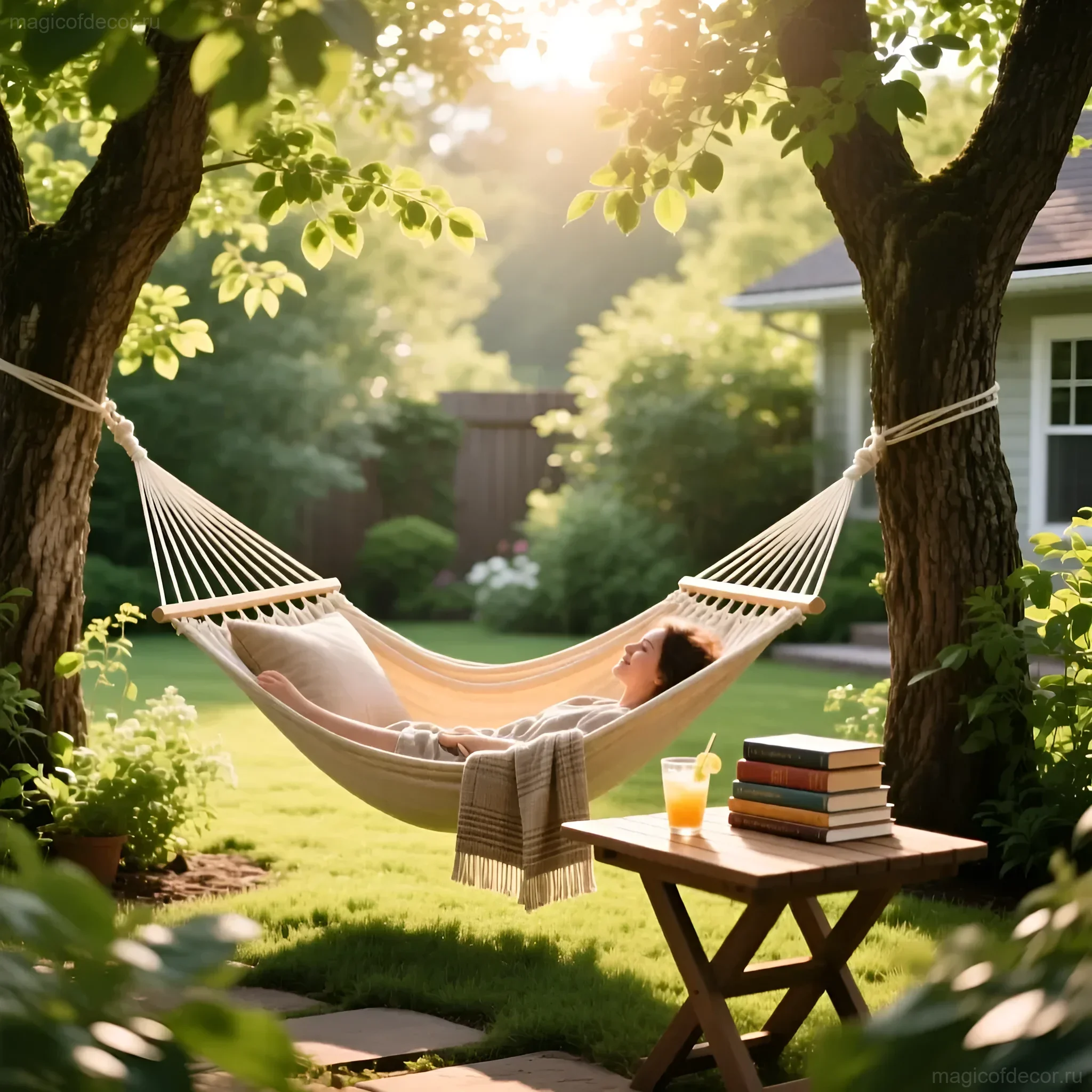 Белый гамак между деревьями в залитом солнцем саду, рядом деревянный столик с книгами и освежающим напитком.