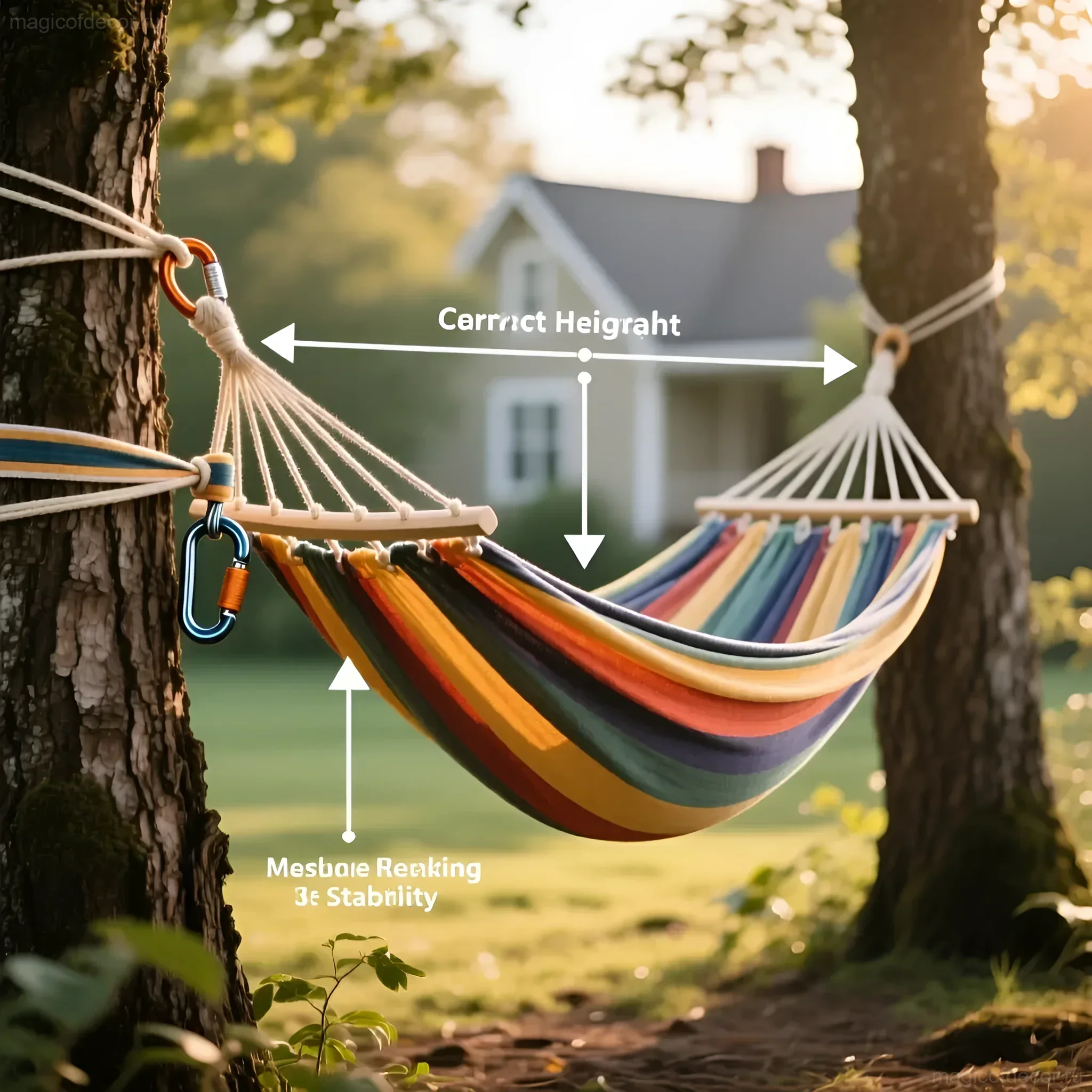 Яркий разноцветный гамак, подвешенный между двумя крепкими деревьями в саду, с указанием оптимальной высоты и расстояния для безопасного и комфортного использования.