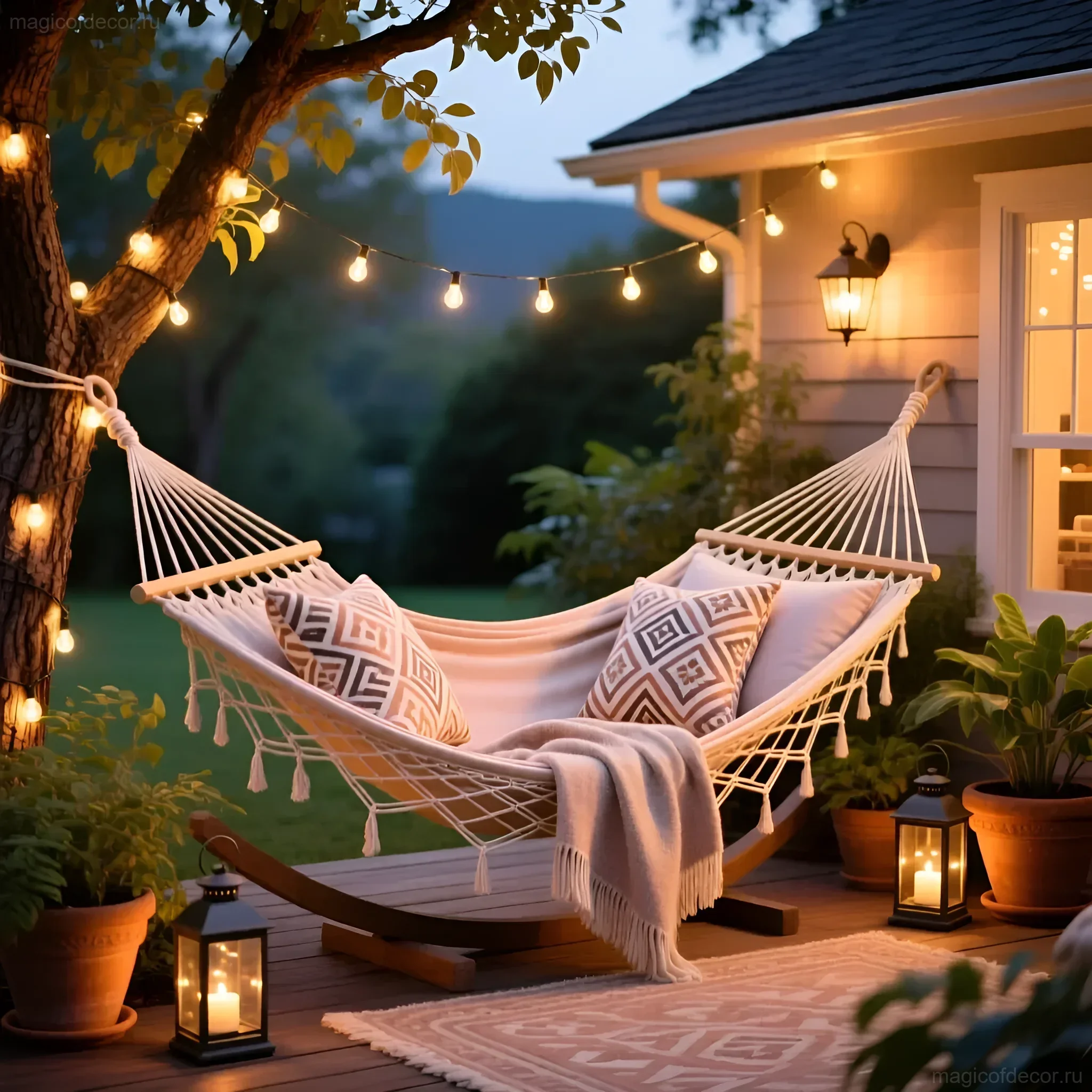 Гамак белого цвета с декоративными подушками и пледом на деревянной террасе, украшенной гирляндами и растениями в горшках.