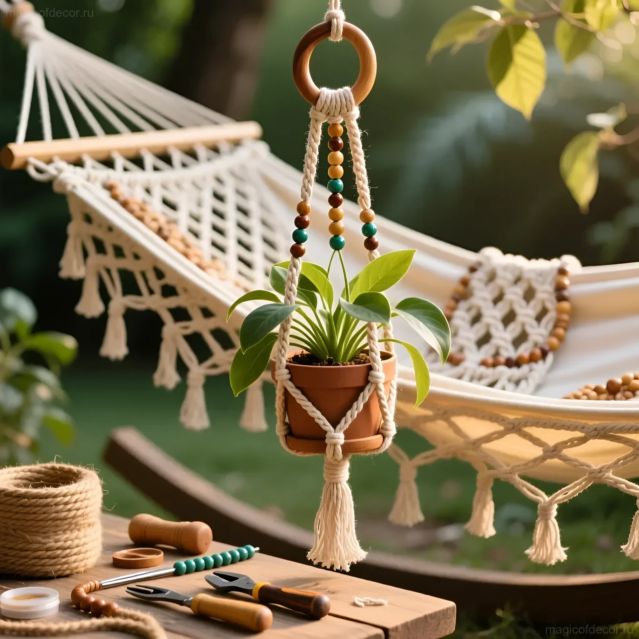 Крупный план белого гамака в стиле бохо с подвесным кашпо из терракоты, украшенным макраме и деревянными бусинами, на фоне зеленой листвы.