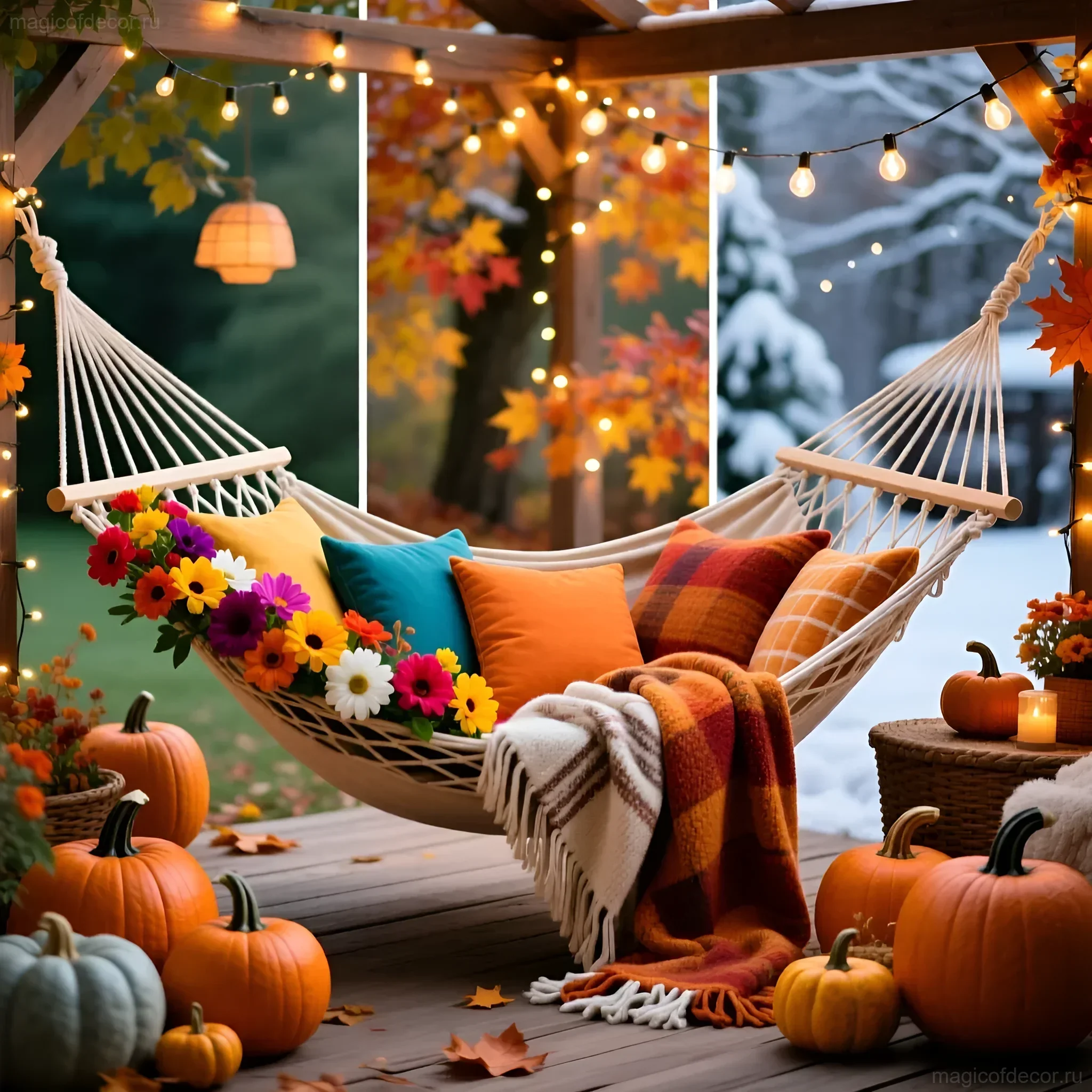 Белый плетеный гамак на деревянной веранде, украшенный оранжевыми и бирюзовыми подушками, пледом в клетку и окруженный осенним декором из тыкв и гирлянд.