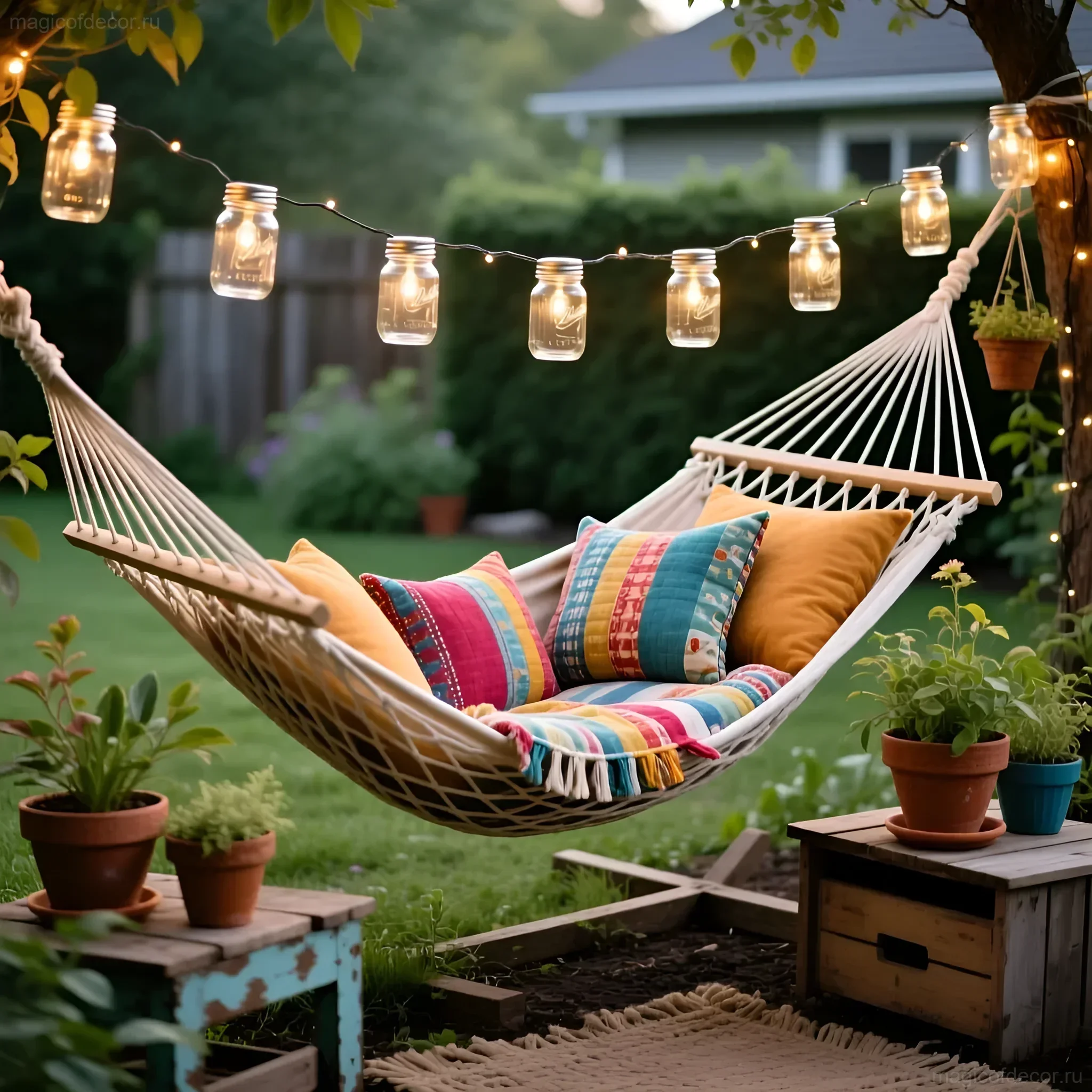 Уютный гамак белого цвета с яркими подушками, украшенный гирляндой из банок и окруженный зеленью в саду.