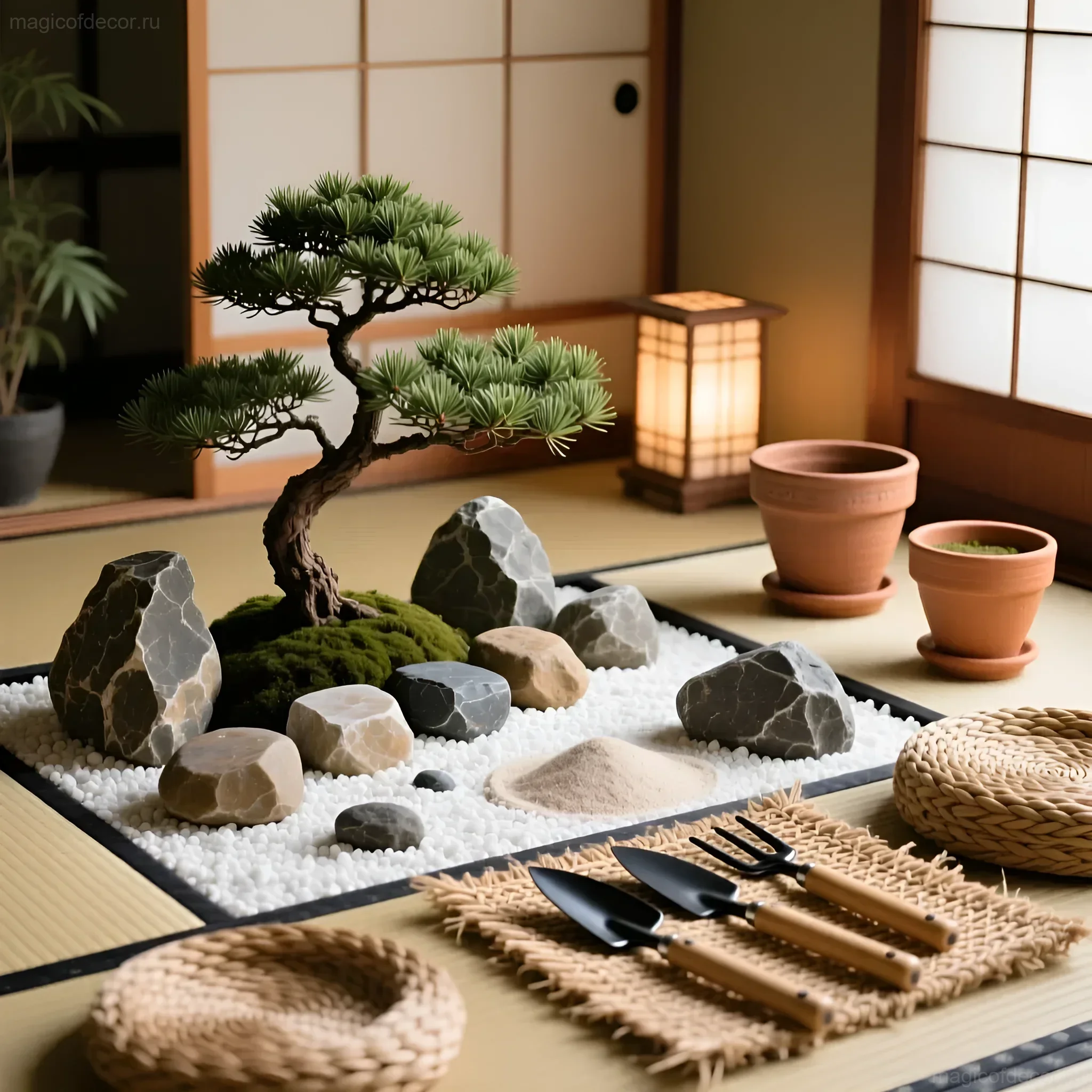 Японский сад камней в комнате: композиция из камней, песка, миниатюрной сосны бонсай и терракотовых горшков на татами.