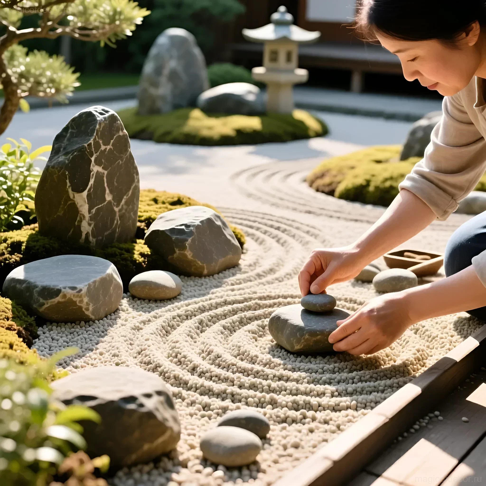 Женщина создает узор из камней в японском саду, символизирующем спокойствие и медитацию.
