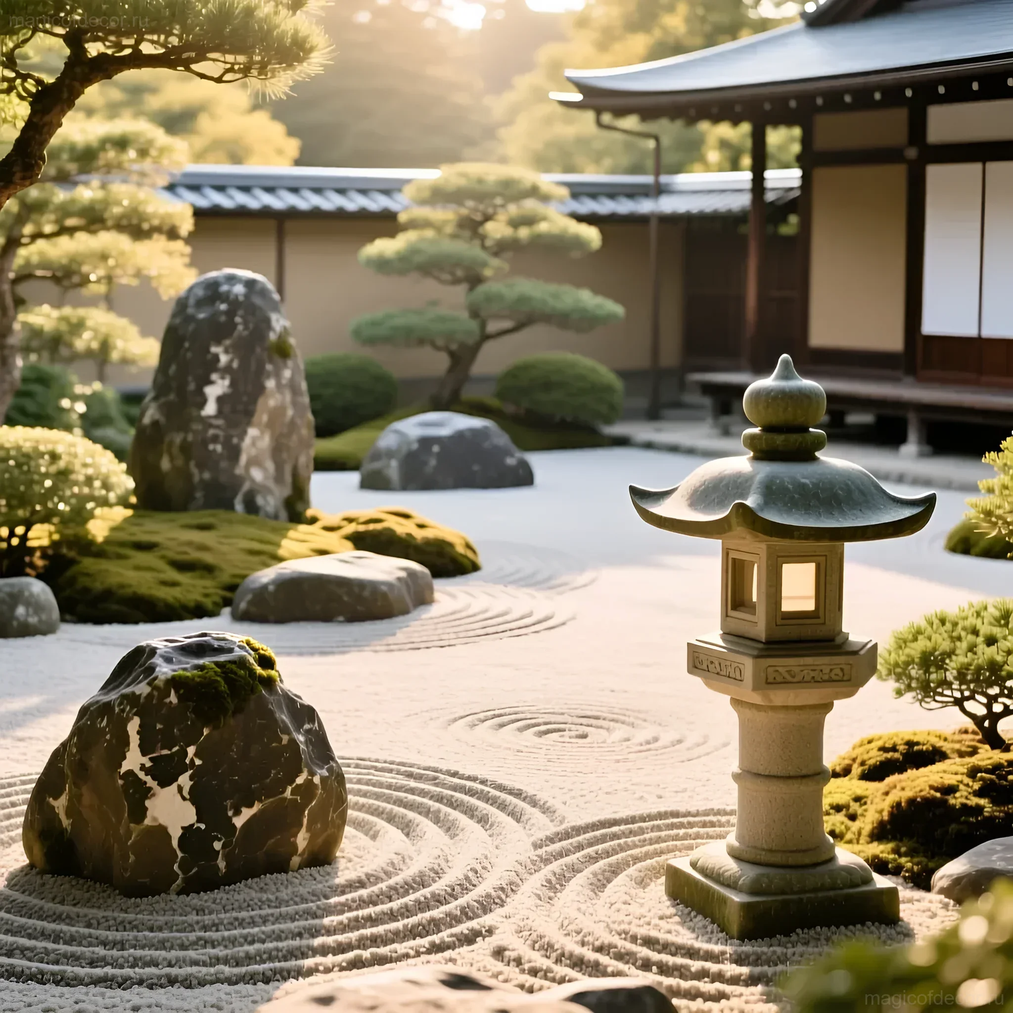 Японский сад камней с гравийными узорами, каменным фонарем и аккуратно подстриженными деревьями бонсай, создающий атмосферу спокойствия и медитации.