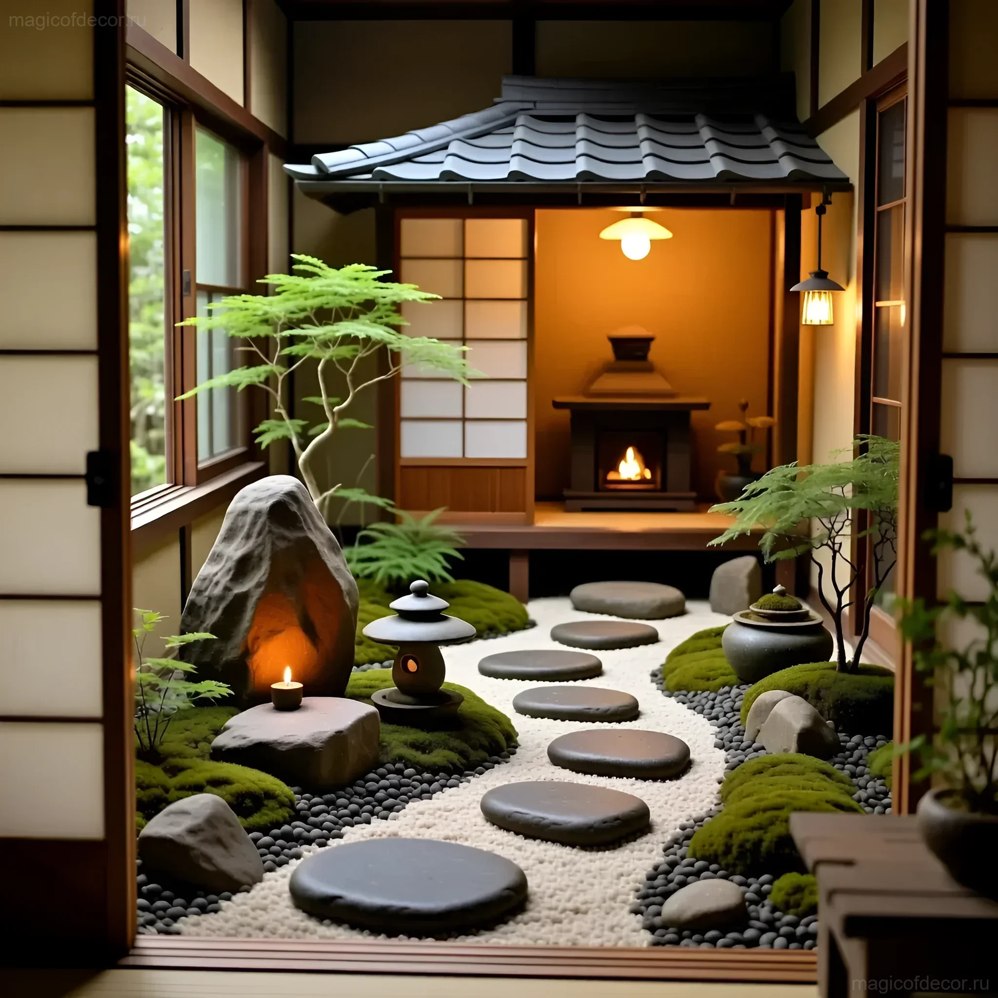 Японский сад камней в миниатюре, вид из комнаты с раздвижными дверями, с использованием светлых камней, мха и декоративного камина.
