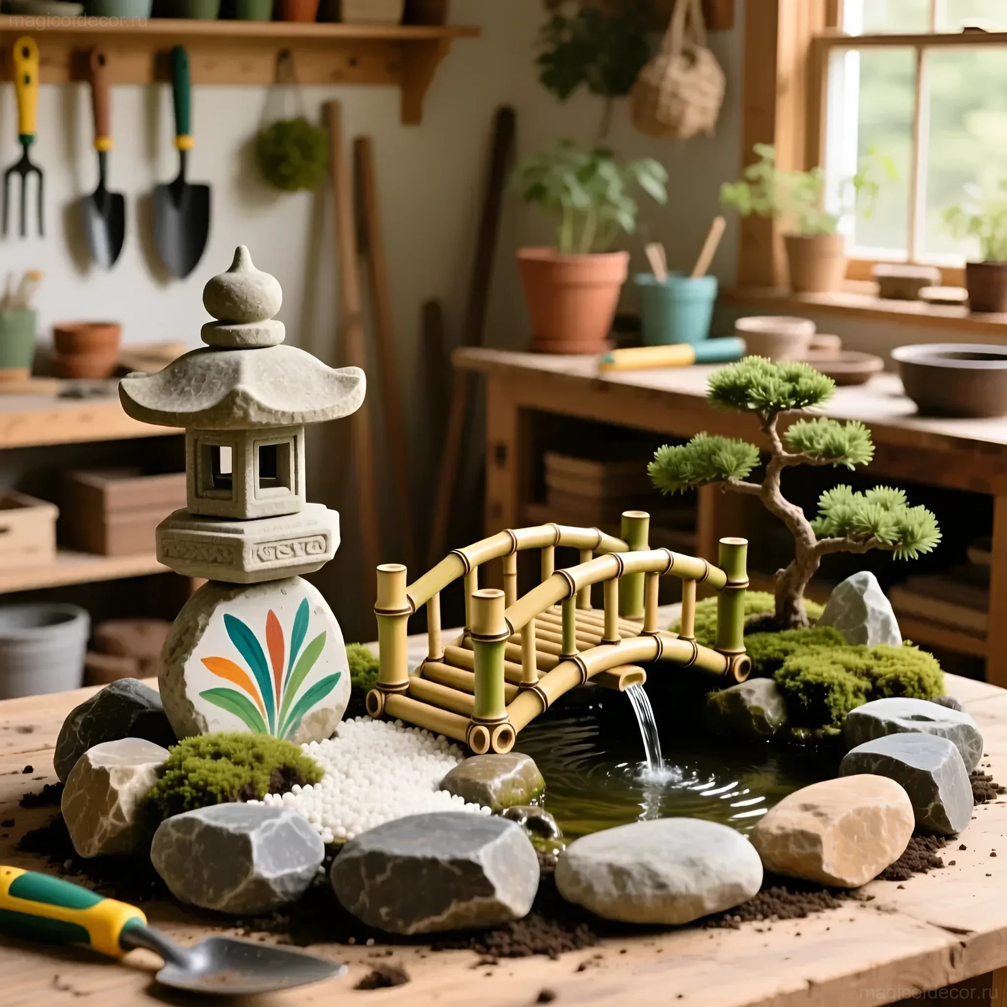 Фотография миниатюрного японского сада с каменным фонарем, бамбуковым мостиком через искусственный водоем и композицией из камней, мха и карликовой сосны.