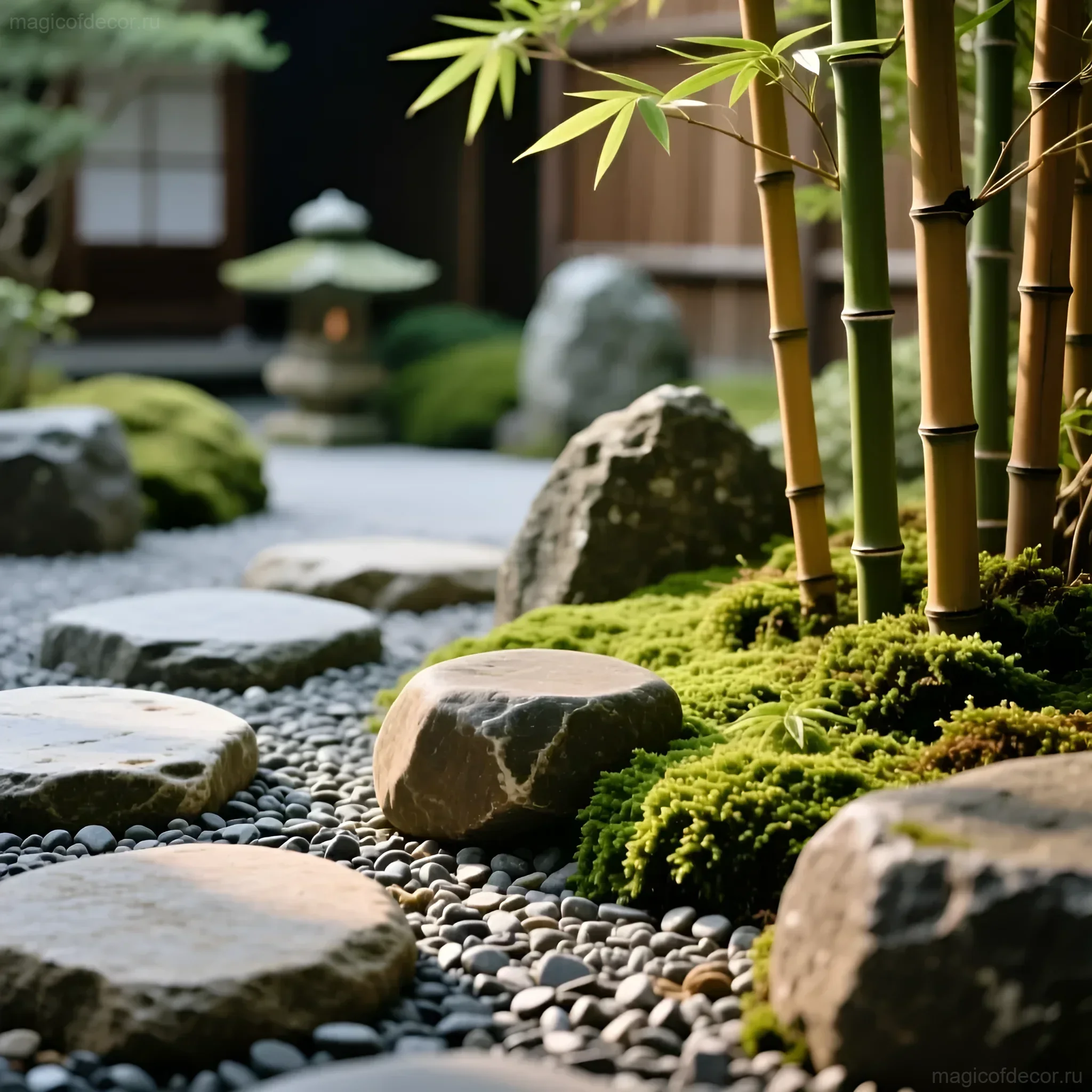 Каменная тропинка в японском саду, окруженная бамбуком, мхом и гравием, создает атмосферу спокойствия и гармонии.