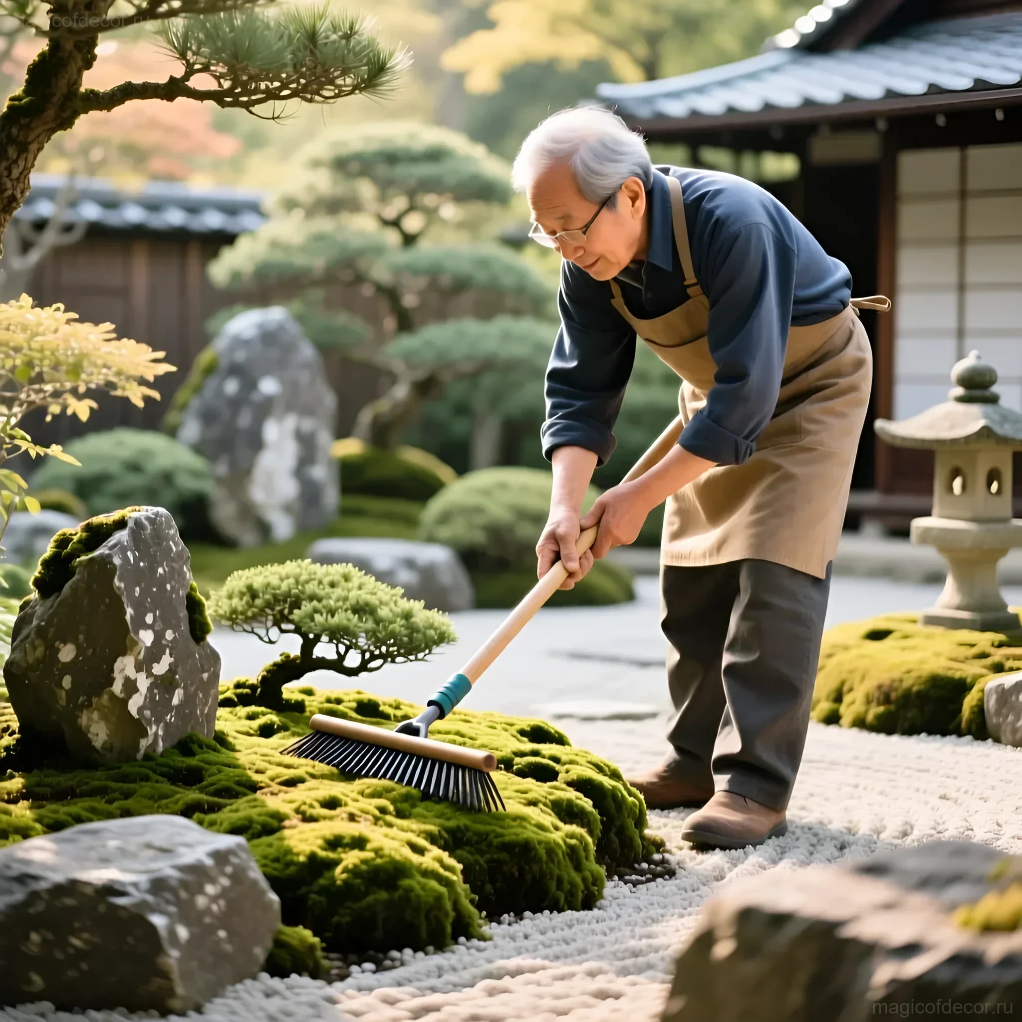Мастер создает узор граблями на белом песке в японском саду камней, окруженном мхом и валунами.