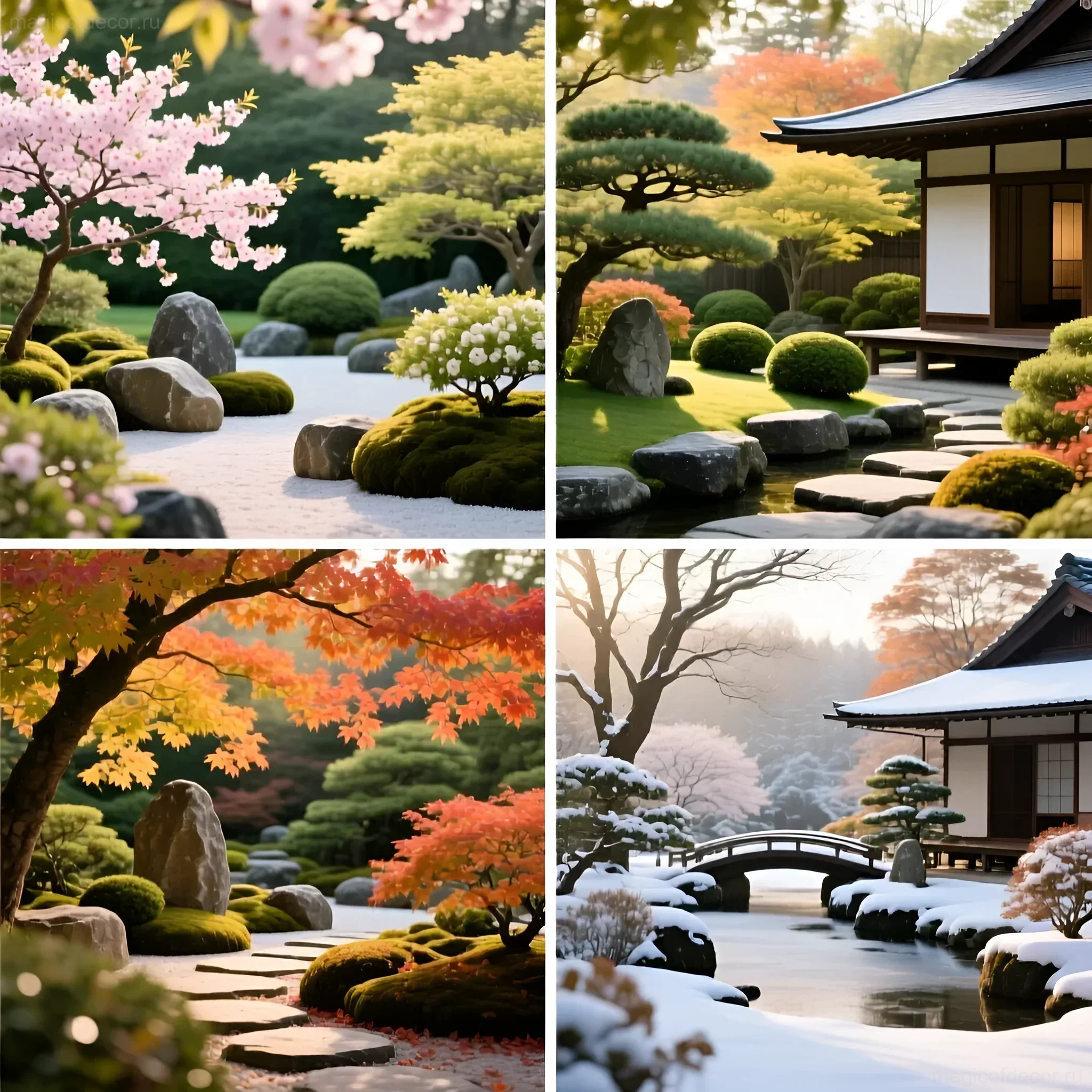 Коллаж из четырех фотографий, демонстрирующих японский сад камней в весеннем цветении сакуры, летнем буйстве зелени, осеннем багрянце клена и зимнем укрытии снегом.