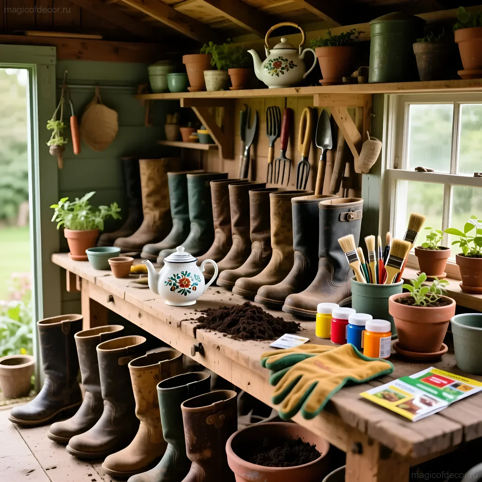 Садовая мастерская с полками, заполненными старыми кожаными и резиновыми ботинками, глиняными горшками с растениями и декоративными чайниками.
