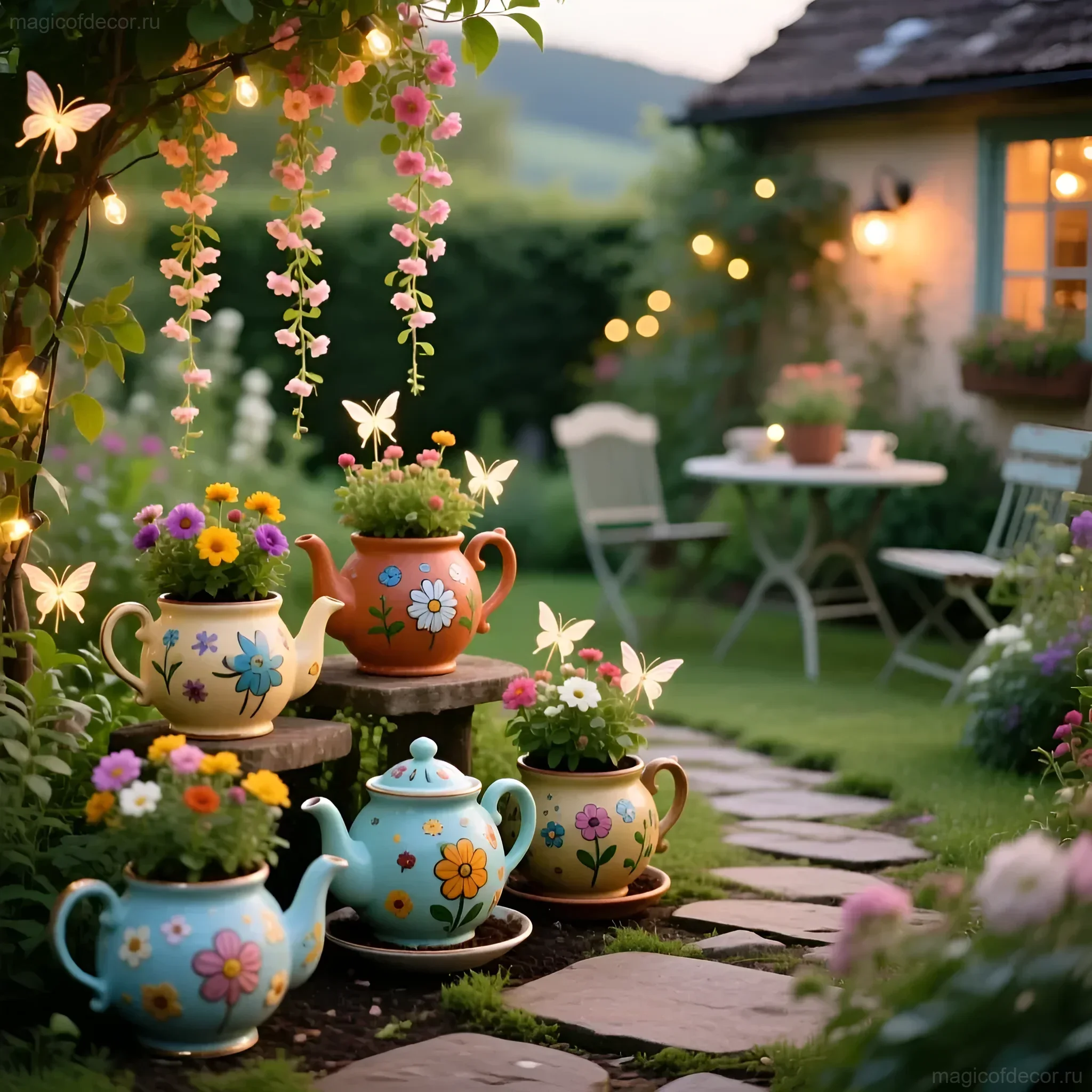 Декор сада расписными чайниками с цветами, украшенный искусственными бабочками и гирляндой из огоньков на фоне уютного домика.