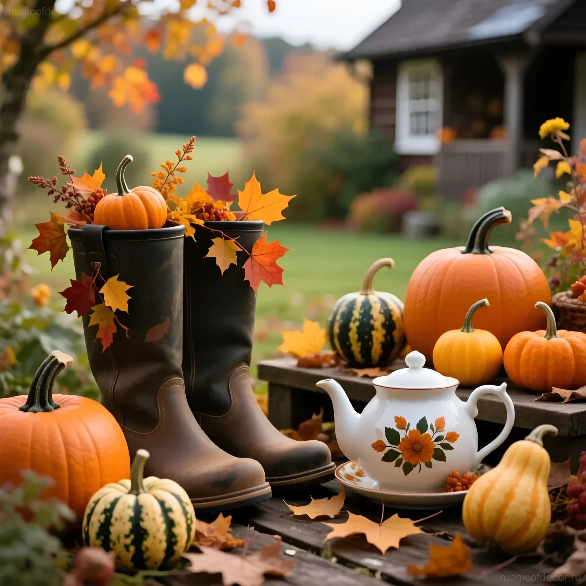 Осенняя композиция из старых кожаных ботинок, наполненных тыквами и осенними листьями, рядом с фарфоровым чайником и разноцветными тыквами на деревянной поверхности, на фоне осеннего сада.