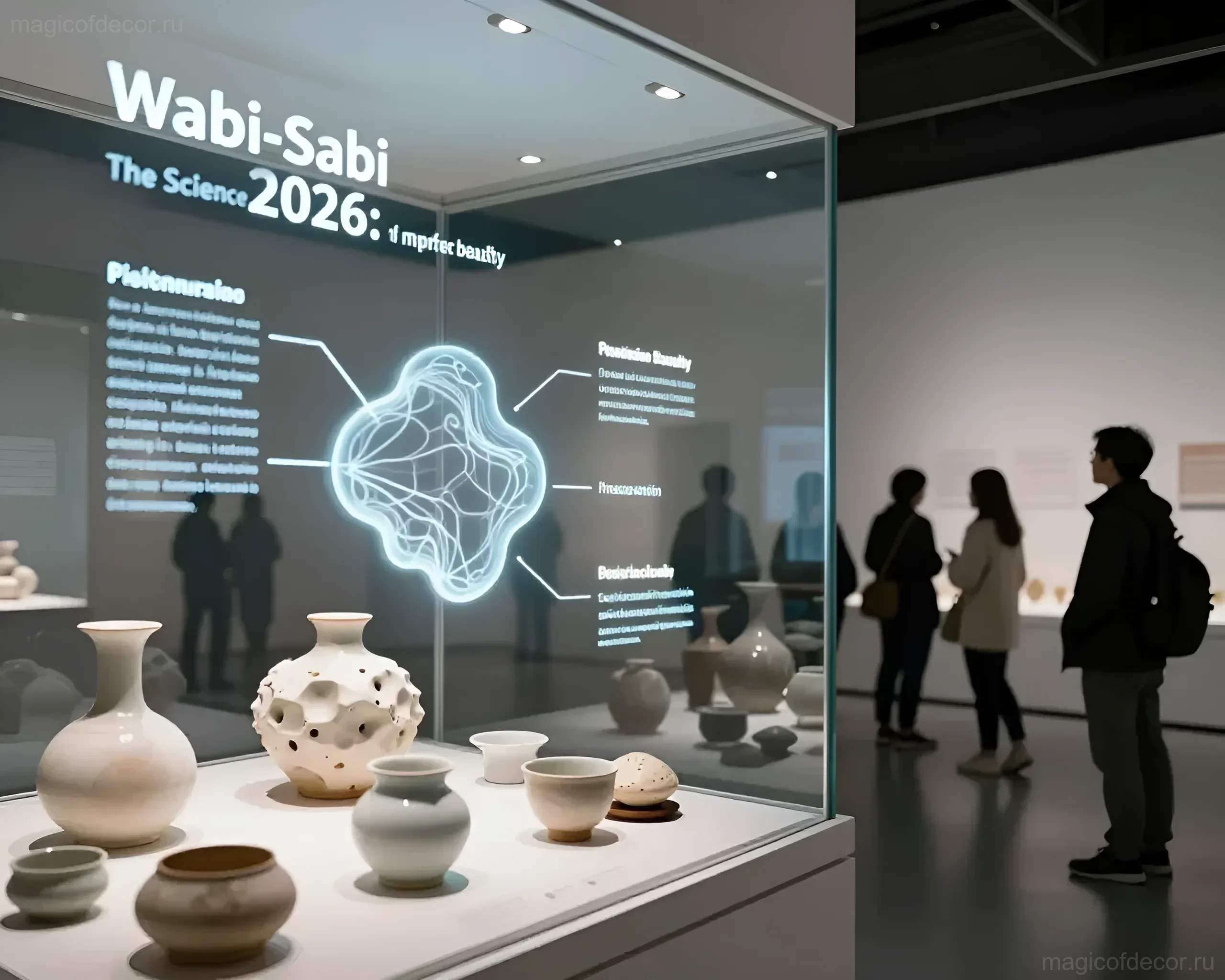 Экспозиция выставки Wabi-Sabi 2026 с неровными керамическими вазами и голограммой, демонстрирующая научный подход к искусству несовершенства в интерьере.